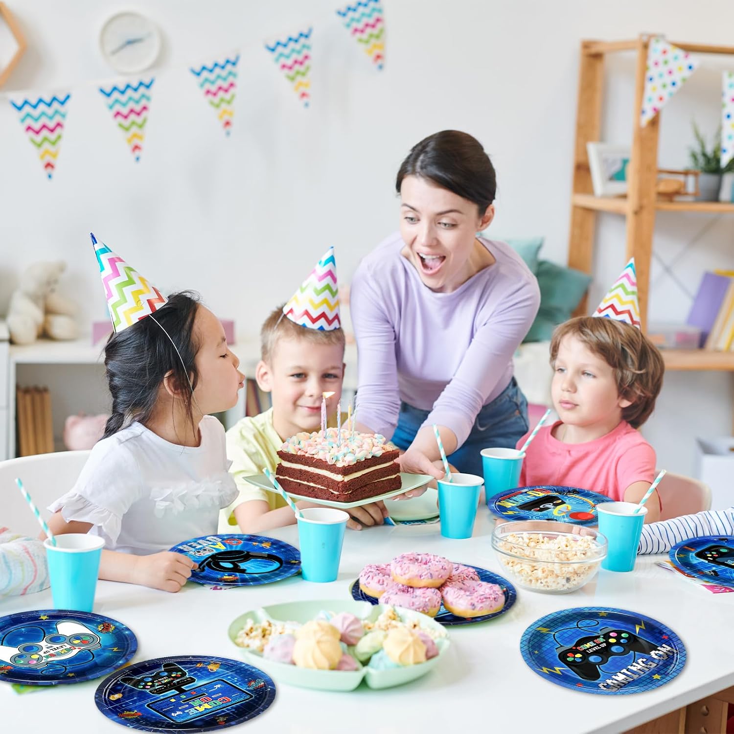 Naozinebi 60Pcs Video Game Party Plates 7 Inch Birthday Decorations Disposable Dessert Plates for Kids Boys Blue Game On Theme Party Supplies