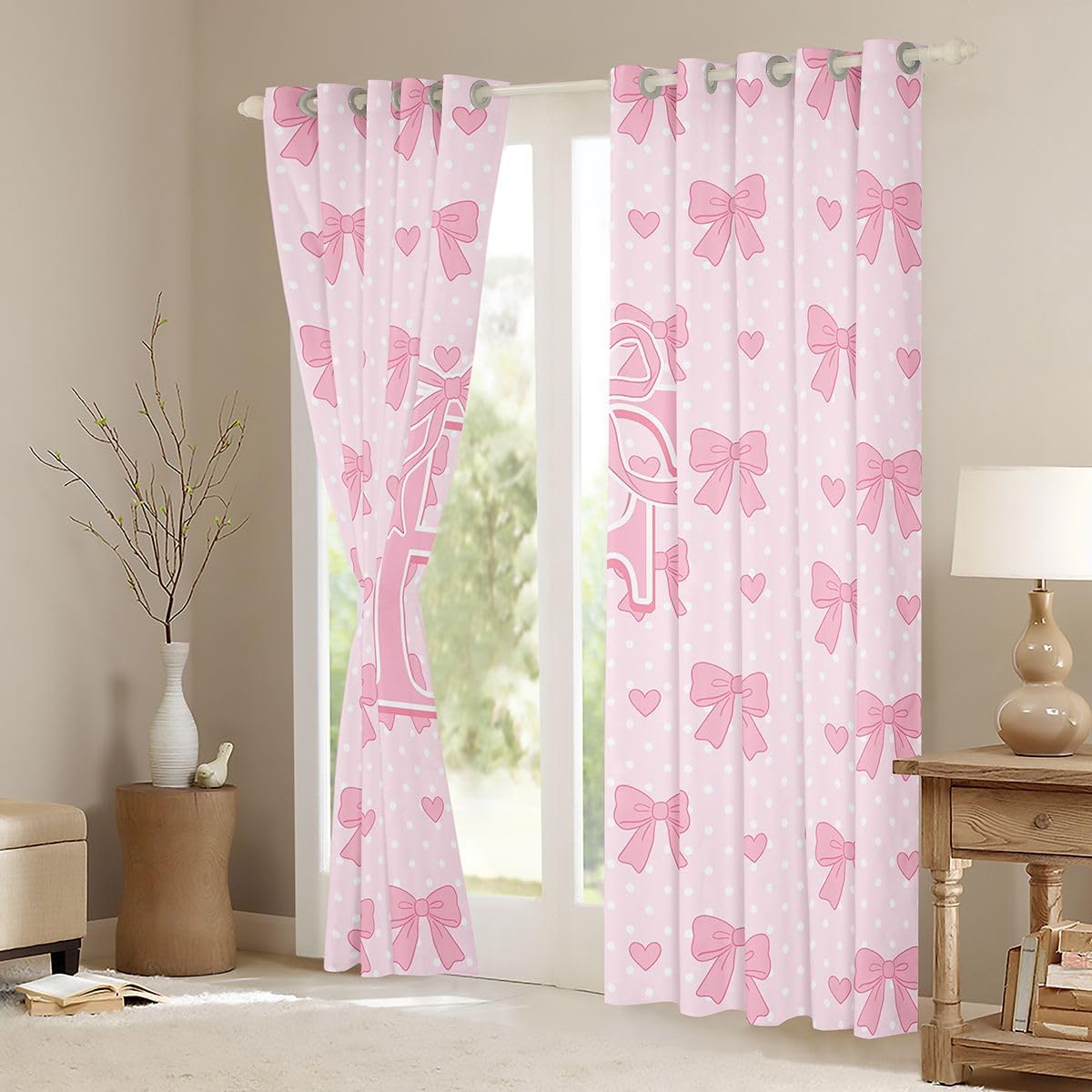 Feelyou Cute Pink Bow Curtains for Bedroom Living Room Monogrammed 30%-50% Blackout Darkening Drapes Personalized Initial F Window Treatments, 2 Panels 38 x 45 Inch Kawaii Coquette Bow Knot Room Decor image 3