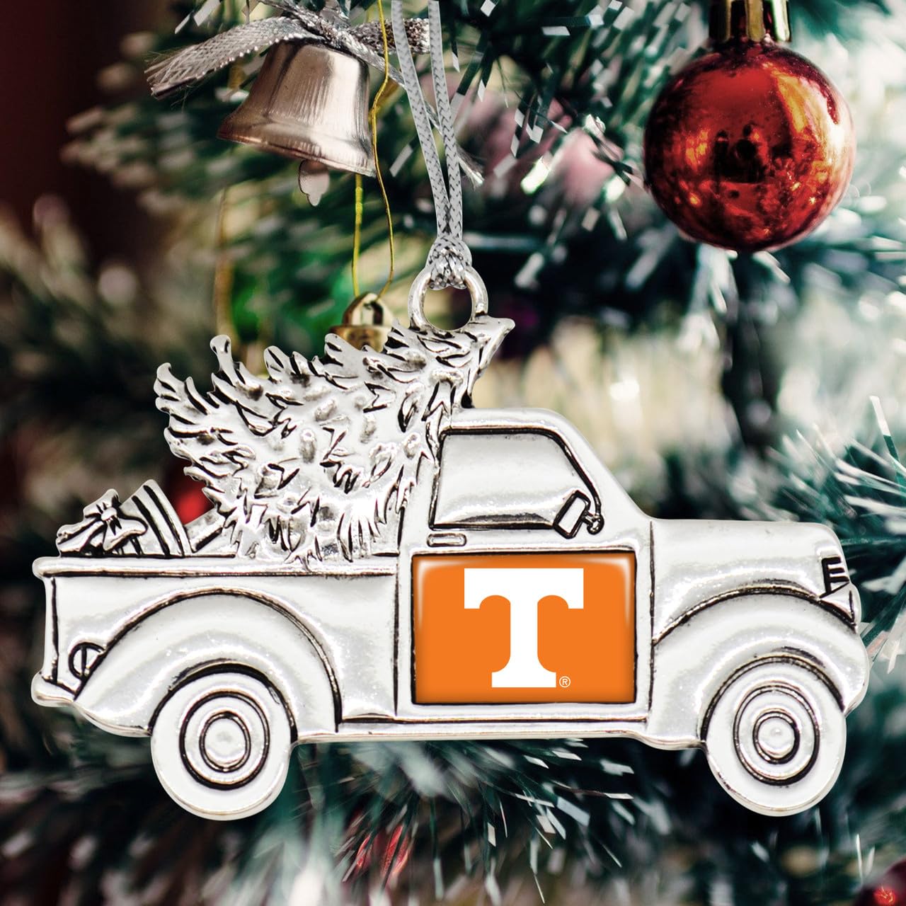 Tennessee Volunteers Vintage Truck Ornament with Team Logo Silver Metal Tree Decoration UT