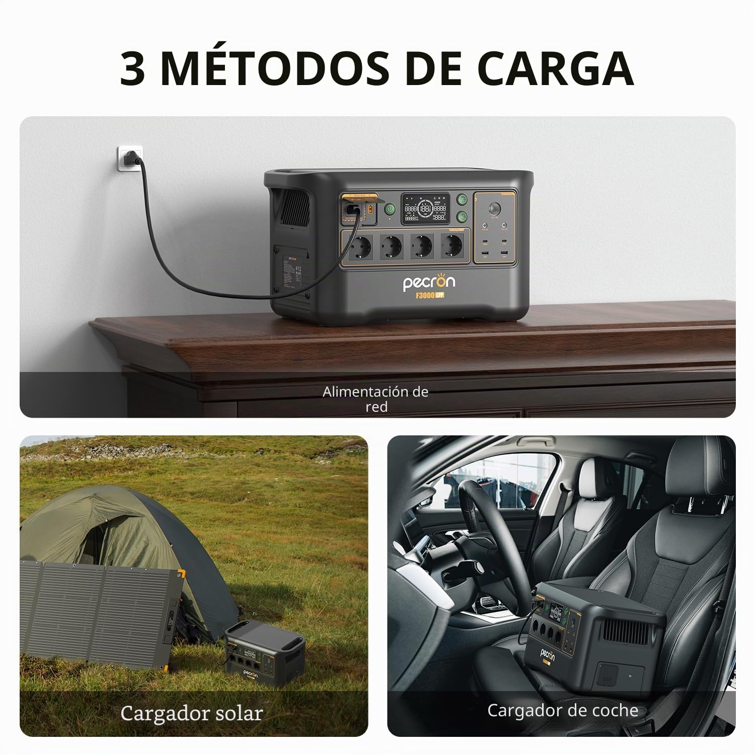 Estación eléctrica portátil F3000LFP Pecron, 4 enchufes AC 3600W/3072Wh generador solar, batería LiFePO4 carga rápida para uso doméstico