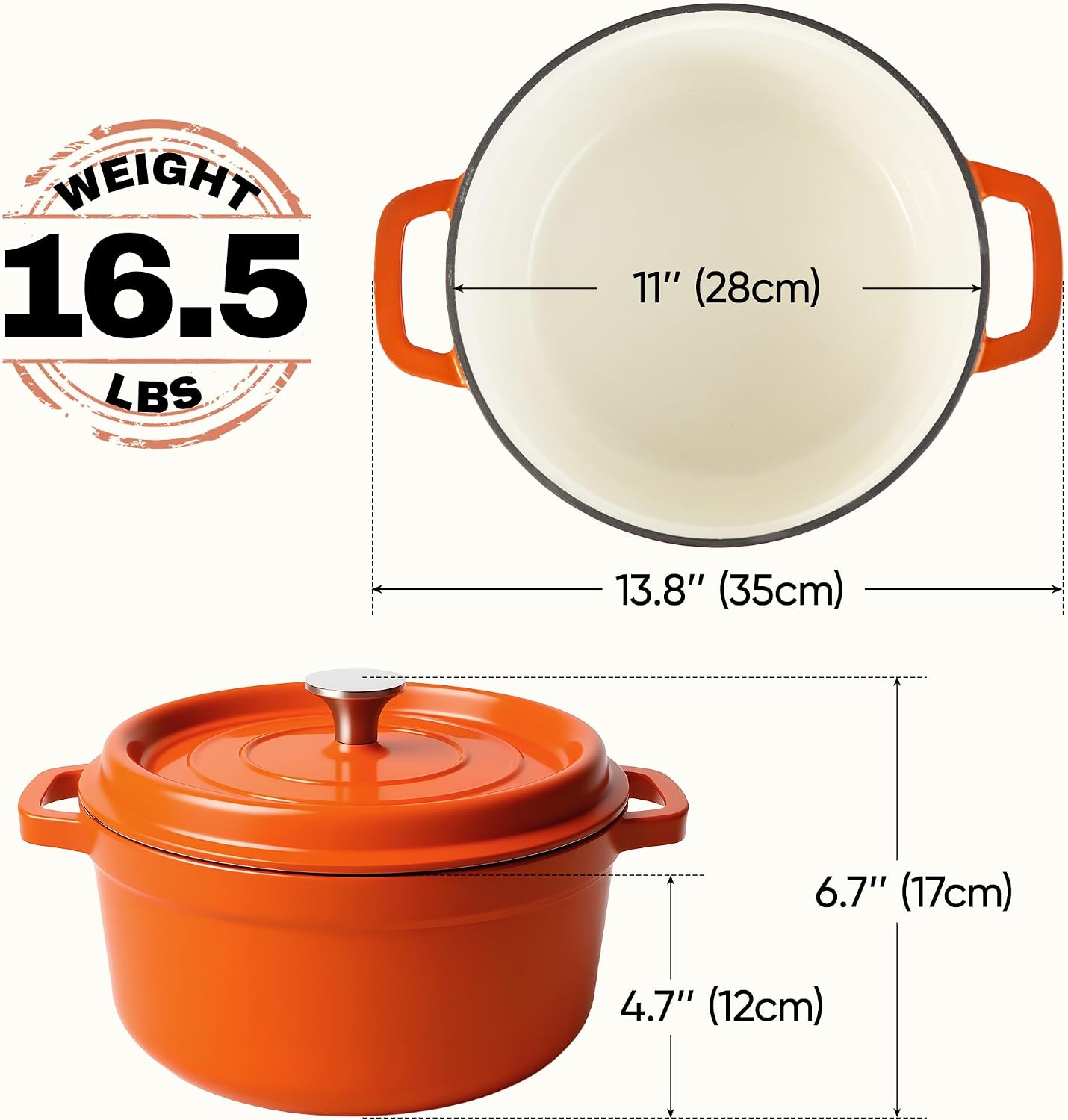 6.5 Quart Dutch Oven Pot with Lid, Non Stick Enameled Cast Iron Dutch Oven for Bread Baking, Heavy-Duty, Oven Safe Ceramic Cookware Up to 500°F for Baking, Braising, Stews, Roasting, Orange image 4