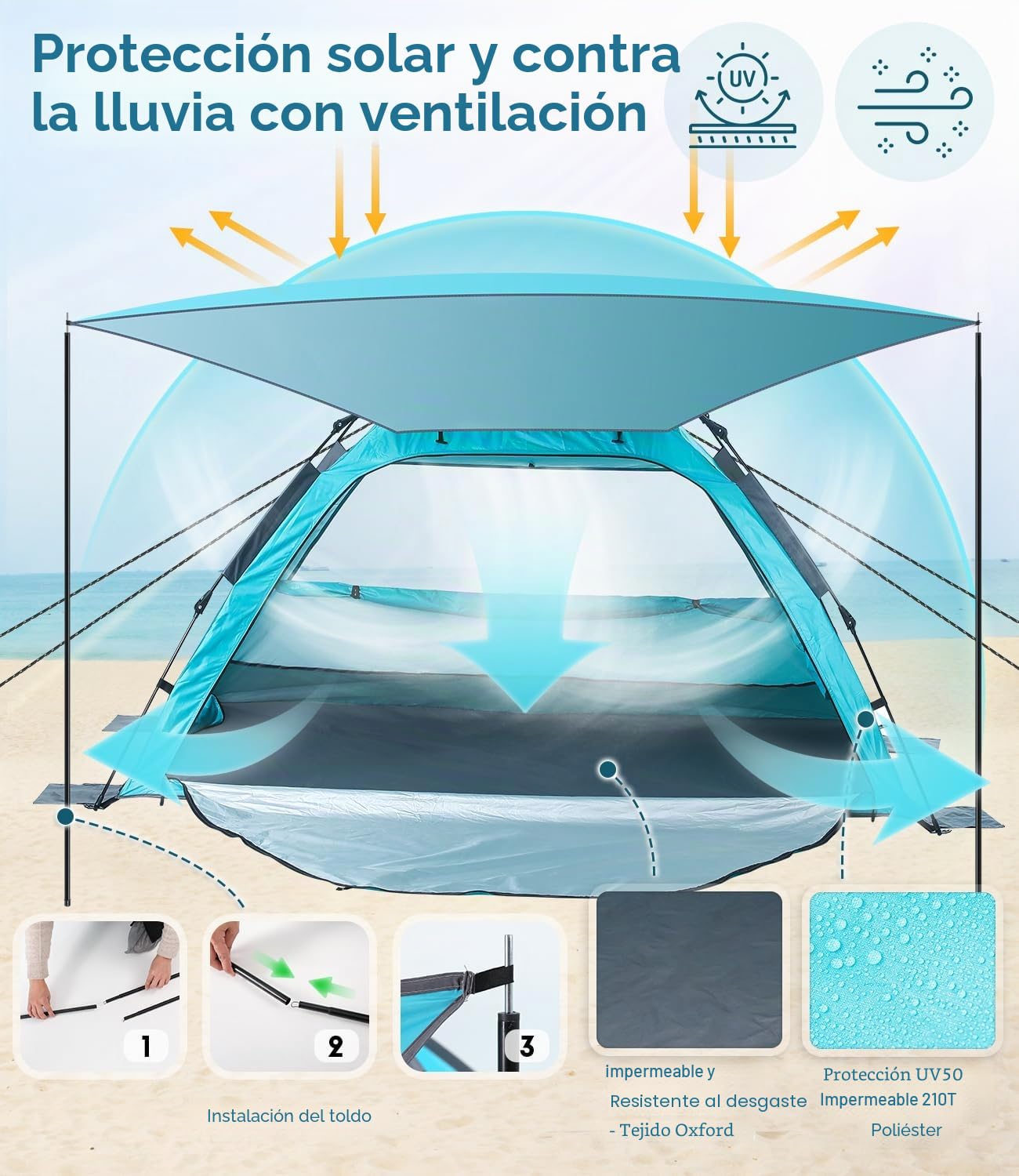 Dewur Refugio para 2-4 Personas, Tienda de Campaña de Playa con Toldo UPF 50+ Protección Solar UV, Resistente al Agua, para Familias, Camping, Jardín, Color Azul
