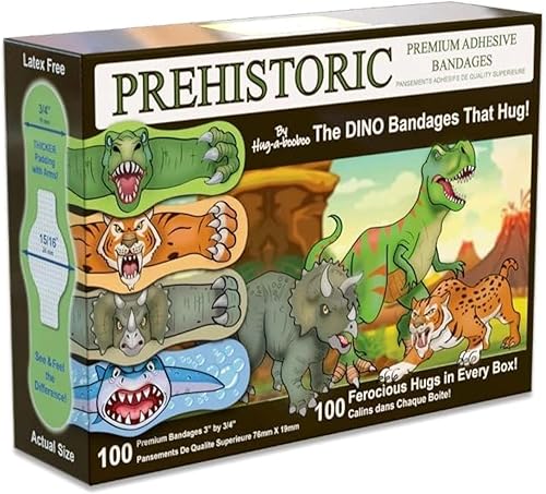 Vendajes temáticos prehistóricos de Hug-a-BooBoo! Vendajes prehistóricos no tóxicos sin látex con relleno de protección adicional y banda de
