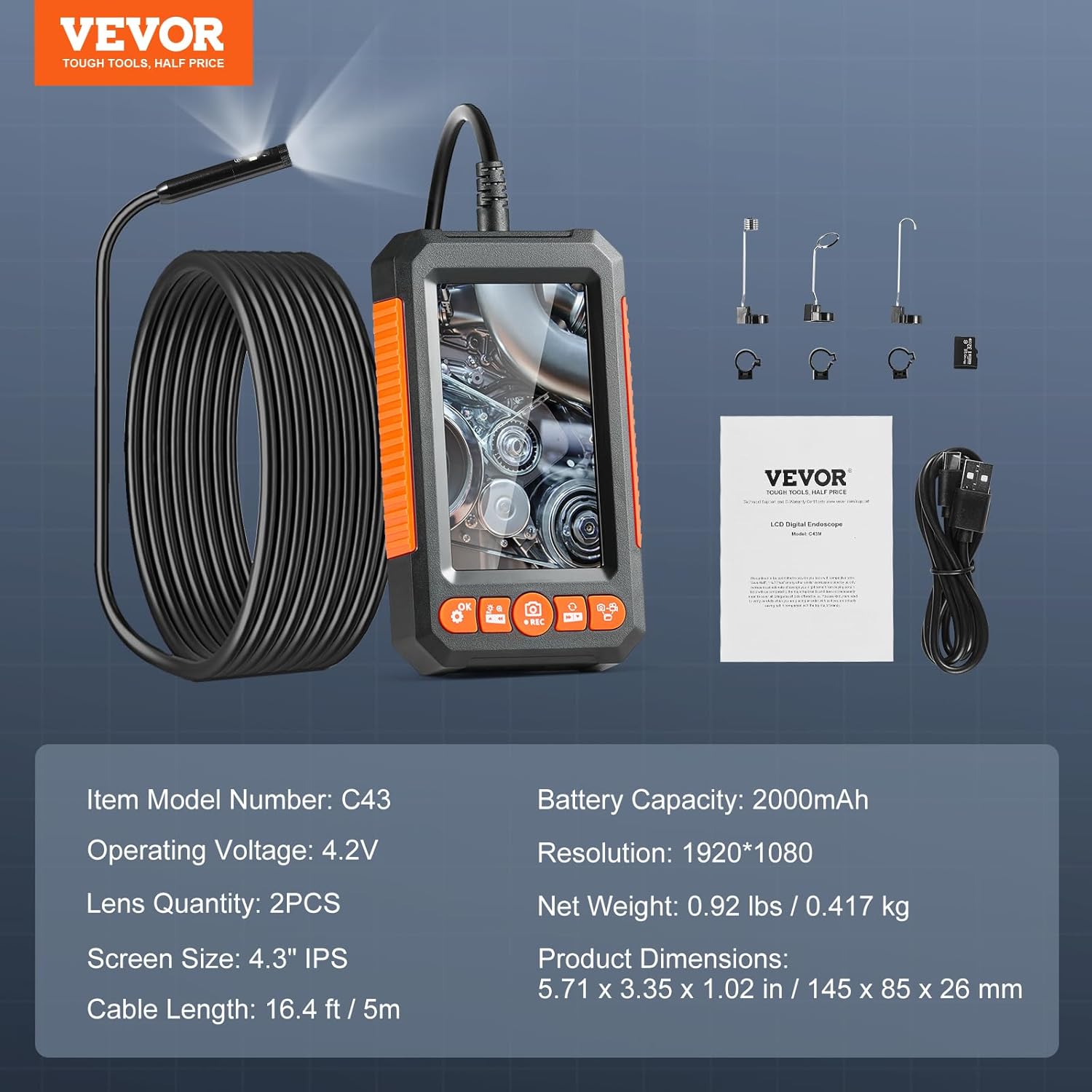 VEVOR Endoscope Camera with Light, Dual Lens Industrial Borescope, 4.3" Screen 1080P Inspection Camera, 8 + 1 Lights, 4X Zoom, IP67 Waterproof Snake Camera for Auto, Plumbing (16.4FT Cable, 32GB Card)