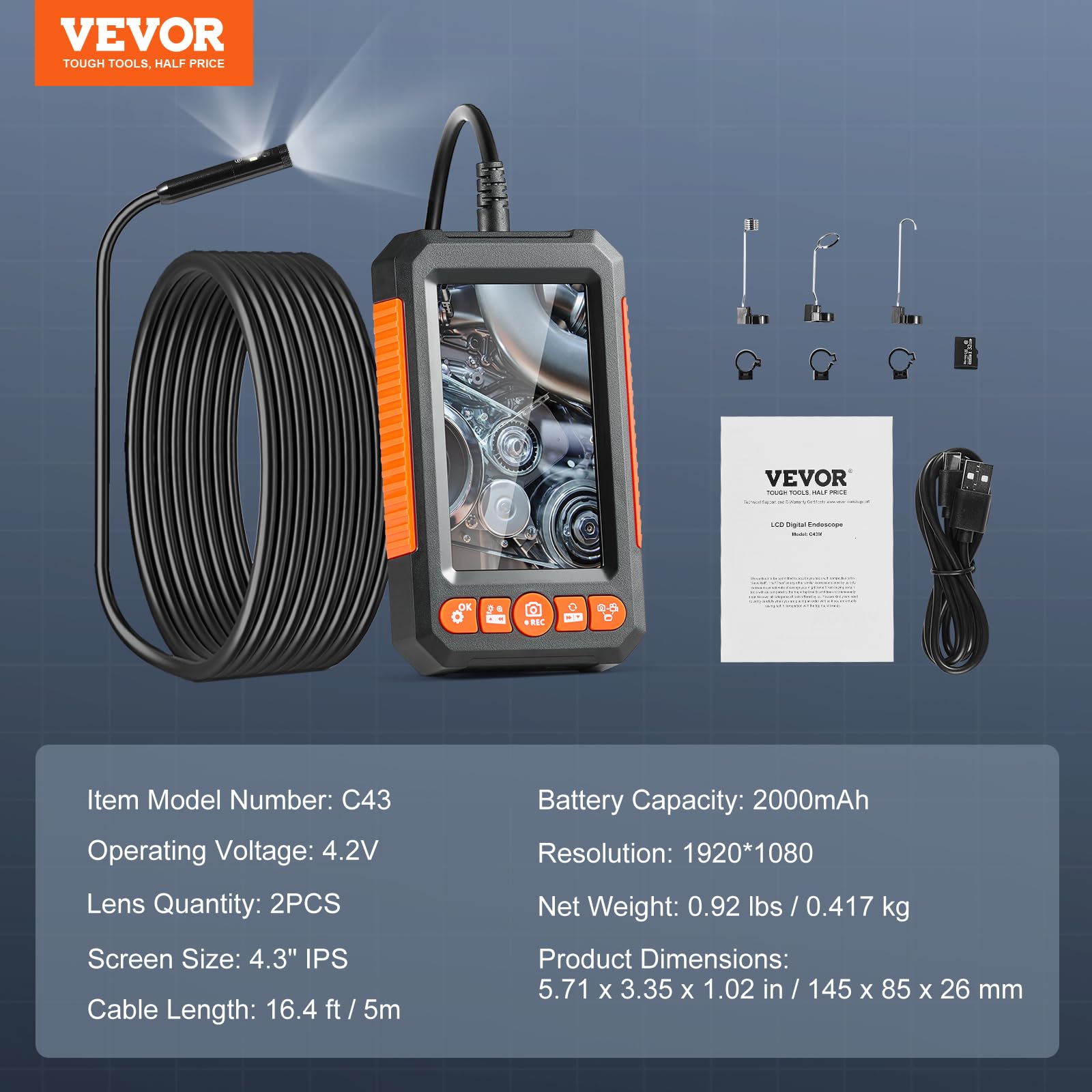 VEVOR Endoskopkamera mit 8+1 Lichtern Industrie-Endoskop mit Doppellinse 4,3-Zoll-Bildschirm 1080P-Inspektionskamera, 4-facher Zoom IP67 wasserdicht Ideal für Auto Sanitär (5 m Kabel 32 GB Karte)