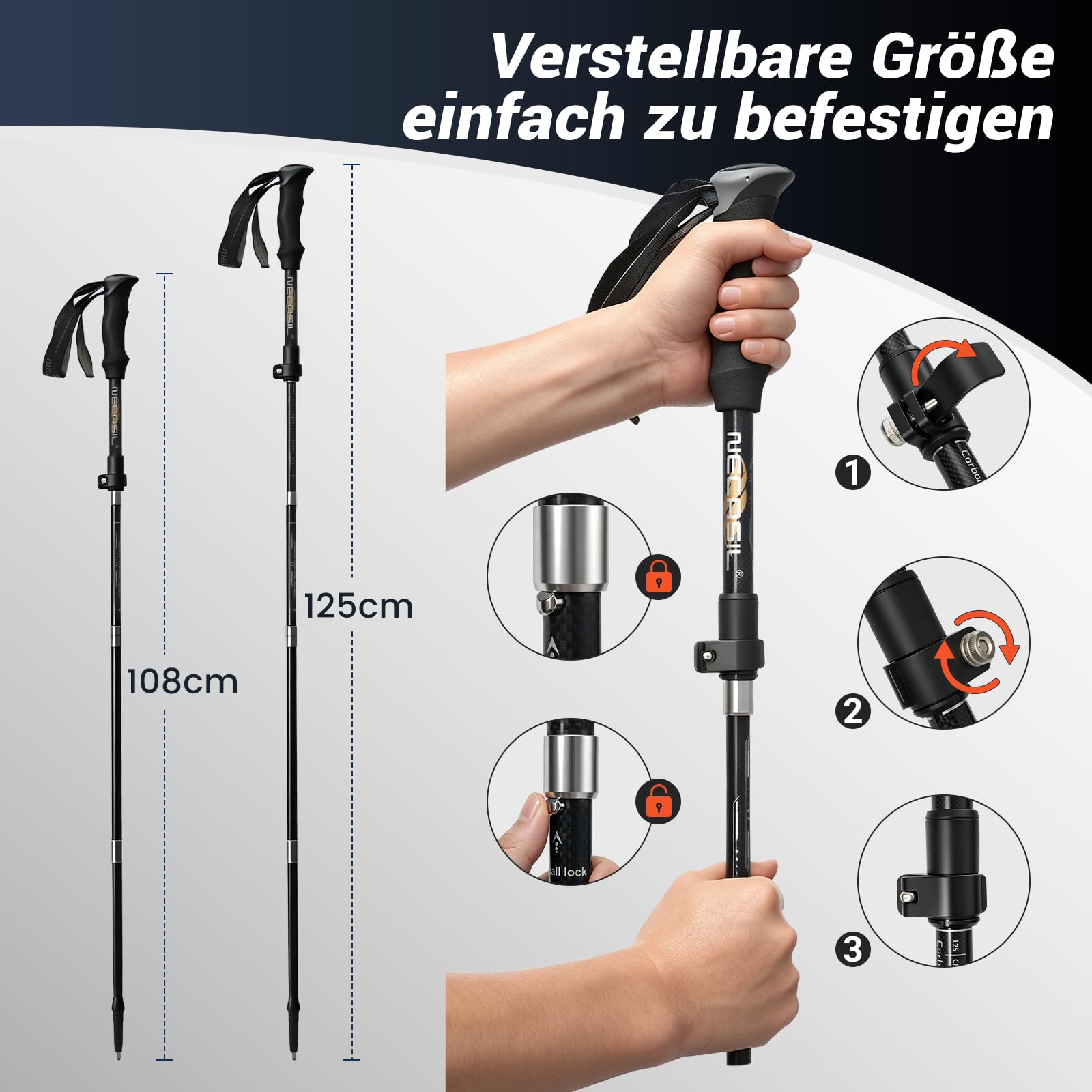 Bâtons de randonnée en carbone 3K de qualité supérieure - Ultralégers - 208 g - Bâtons de trekking réglables - 107-125 cm - Avec poignée en liège et extension EVA - Bâtons de marche nordique légers
