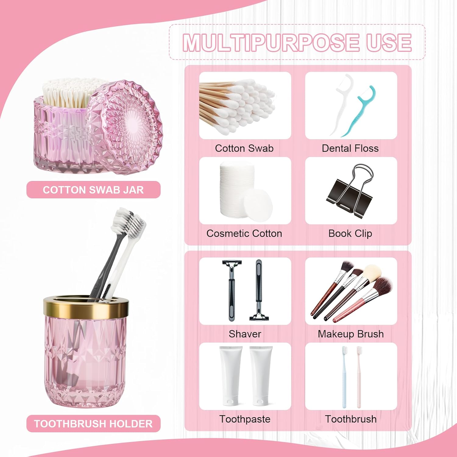 Pink Bathroom Accessories Set, 5Pack Clear Glass Bathroom Accessories, Includes Lotion Soap Dispenser, Toothbrush Holder, Qtip Holder and Soap Dish, Vintage Bathroom Decor