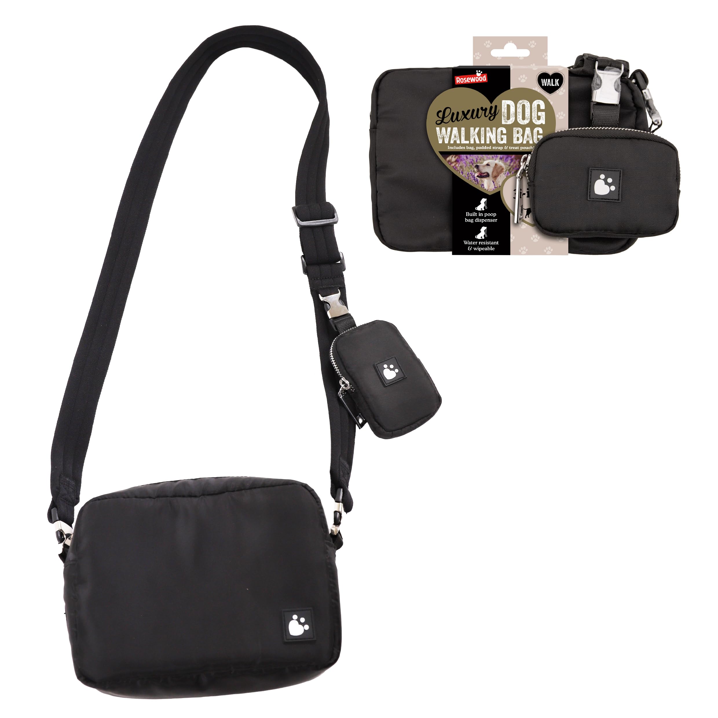 Rosewood Dog Walking Bag with Detachable Treat Pouch & Poop Bag Dispenser, Black
