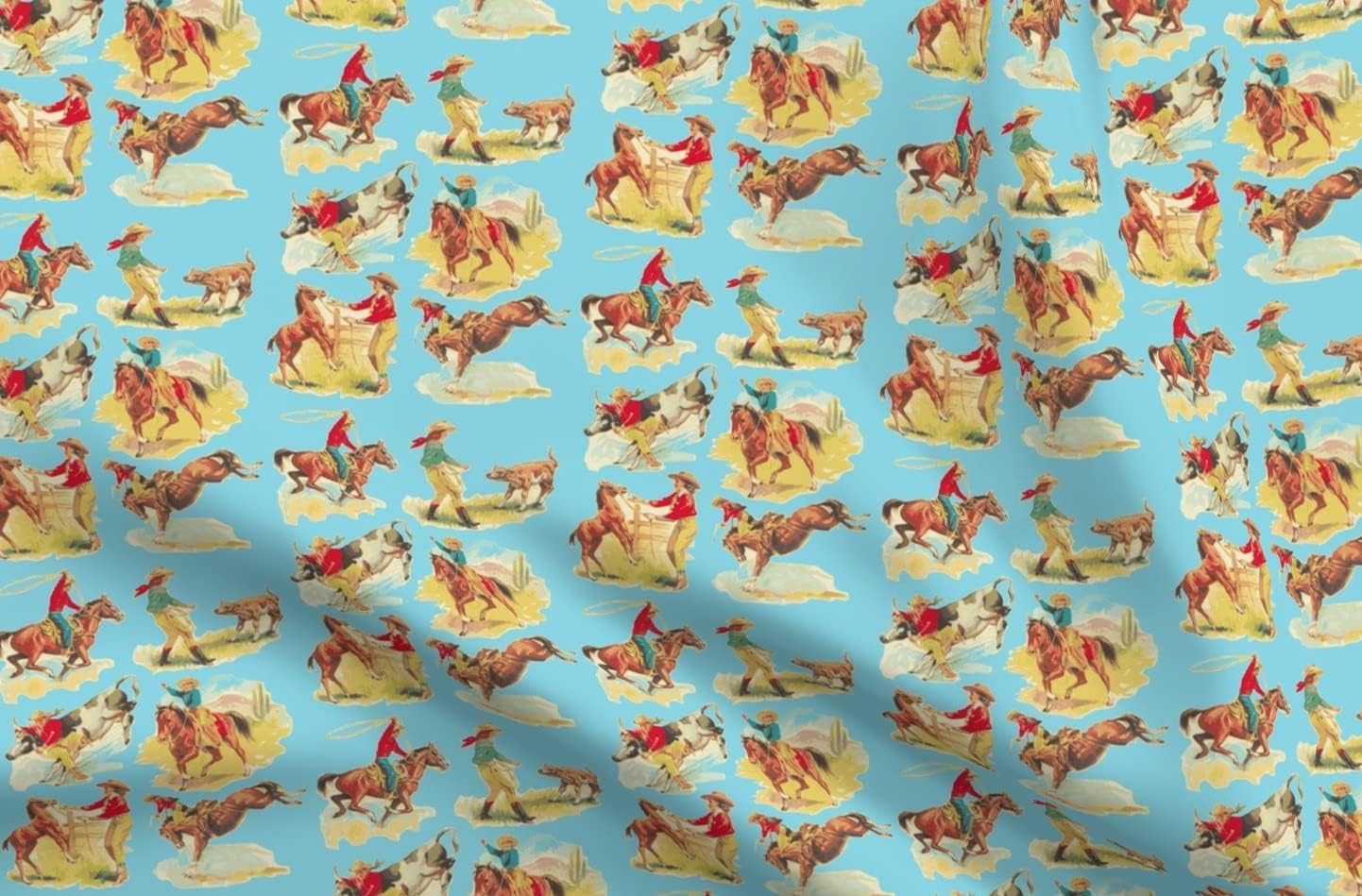 Spoonflower Fabric - Cowgirl Cowboy Western Rodeo Turquoise Printed on Upholstery Velvet Fabric Fat Quarter - Upholstery Home Decor Bottomweight Apparel
