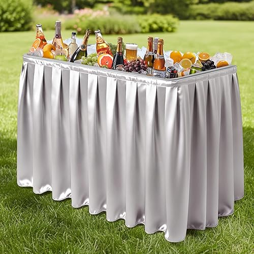 Miniatura 29 de VINGLI Mesa plegable para fiestas de 4 pies, portátil, para campamento y pesca, plástico con falda a juego, mesa de hielo para fiestas, barbacoas