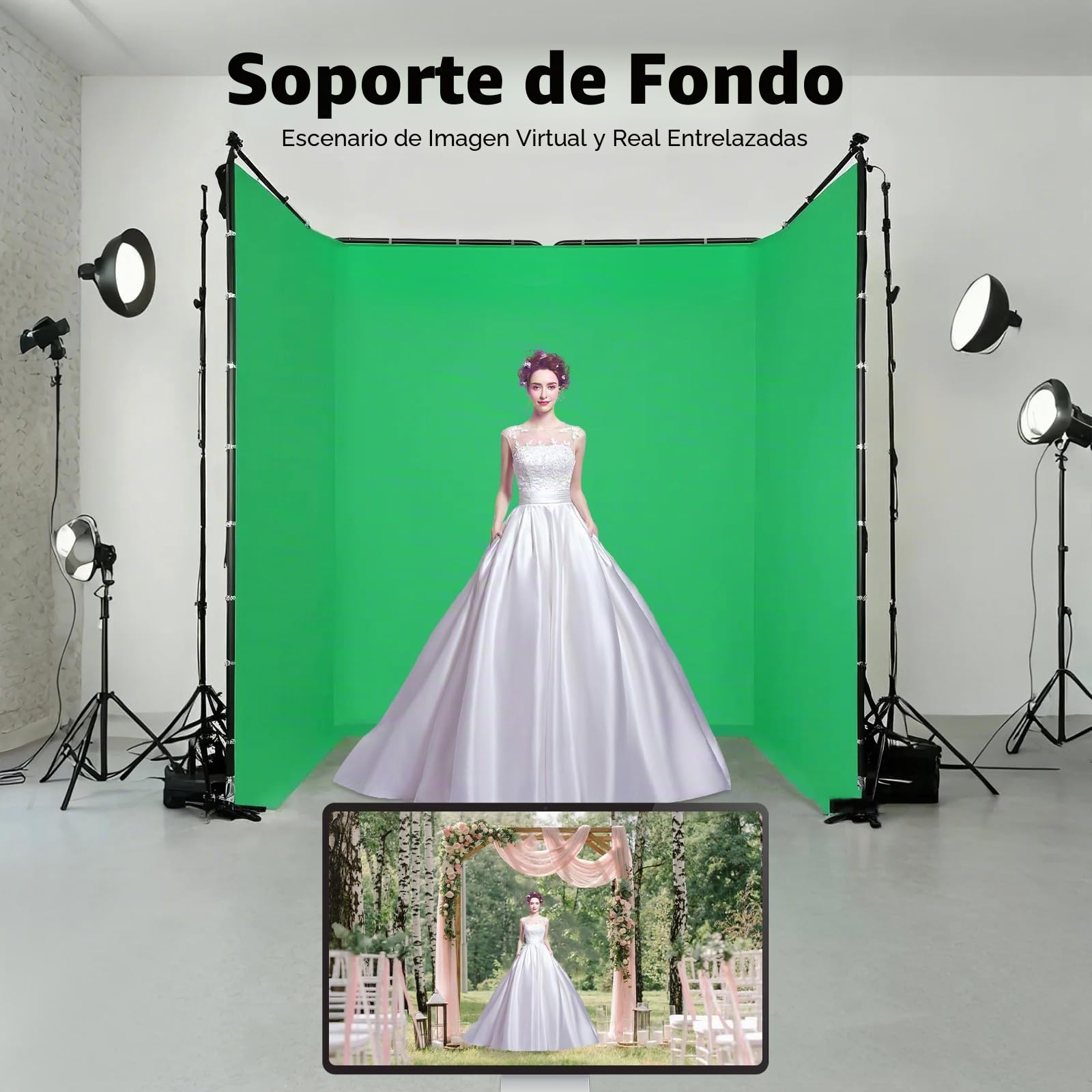 400 cm x 240 cm fondo verde con soporte, tela de fondo ajustable Chroma Key Soporte de fondo portátil con bolsa de transporte para fotografía de estudio y transmisión en directo, zoom de