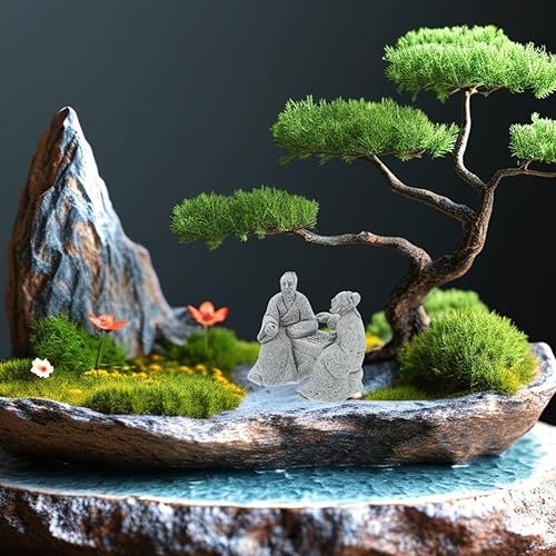 Miniatura 3 de Housoutil 2 figuras en miniatura de piedra arenisca, ancianos chinos antiguos jugando al ajedrez, decoración asiática, accesorios de jardín, adorno