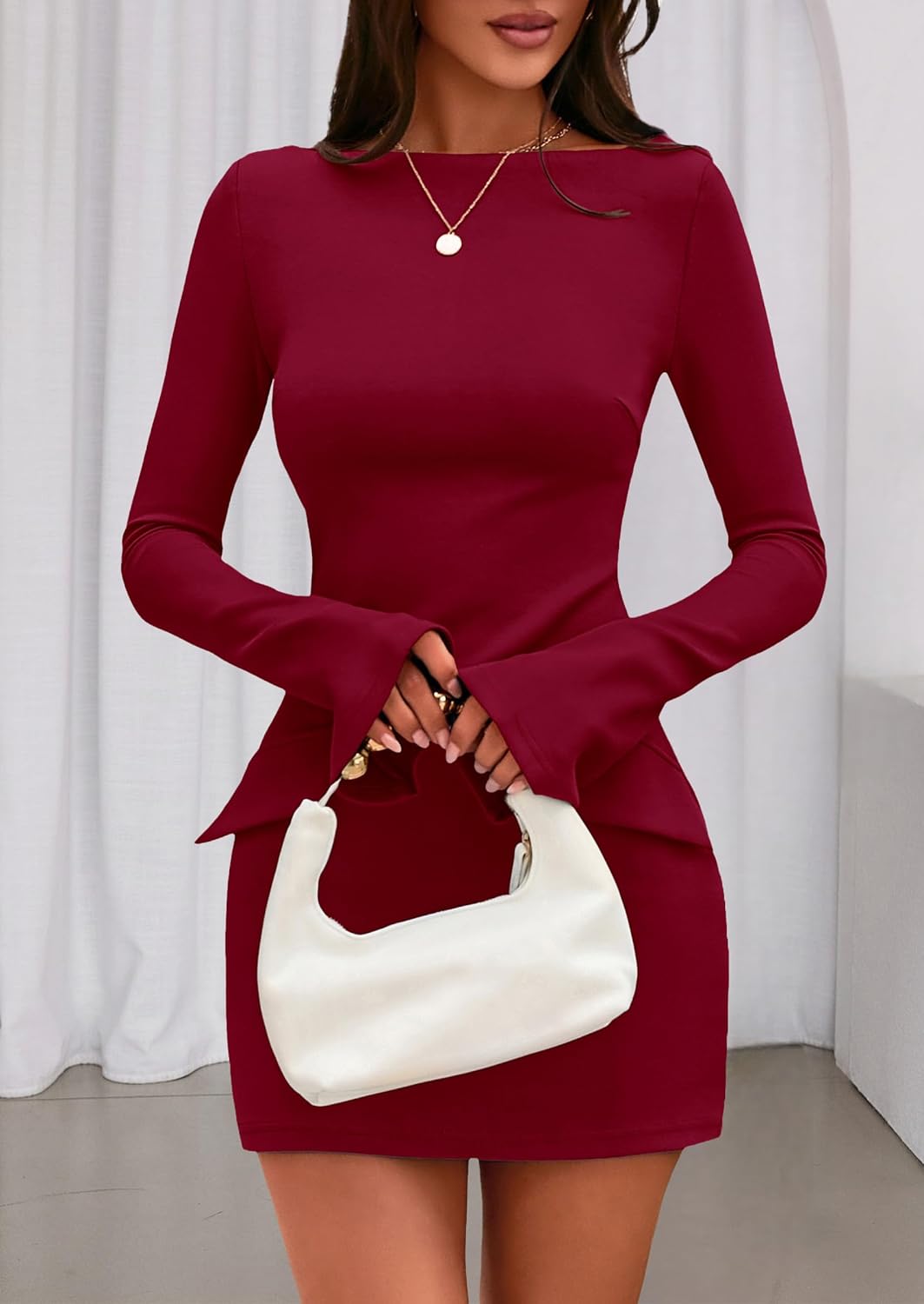 PRETTYGARDEN Womens Fall Long Sleeve Mini Dress 2025 Trendy Boat Neck Bodycon Knit Elegant Short Party Formal Dresses - Image 2