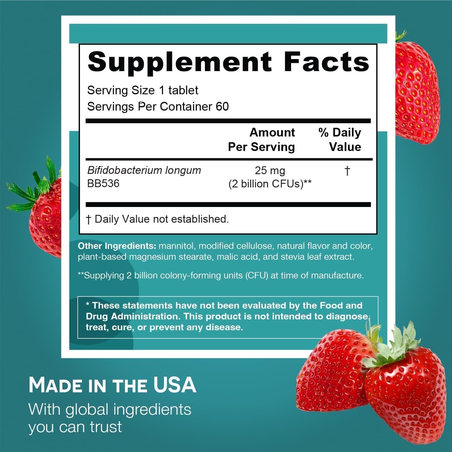 EZ Melts Healthy Aging Probiotic - Daily Probiotic for Digestive & Gut Health Support - with Bifidobacterium Longum - Non-GMO & Vegan - Strawberry - 120 Dissolvable Tablets (120 Servings)