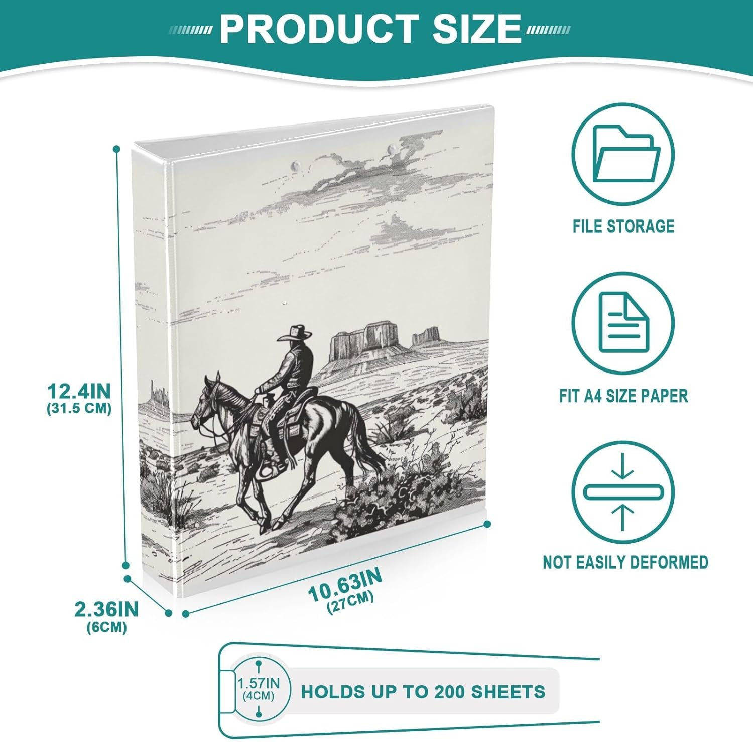 3 Ring Binder,Western Cowboy 1.5 Inch Binder with Round Rings with Clear Pockets and Non-Slip Metal Clip, Holds 200 Sheets for Office and Home Use 1 Pack