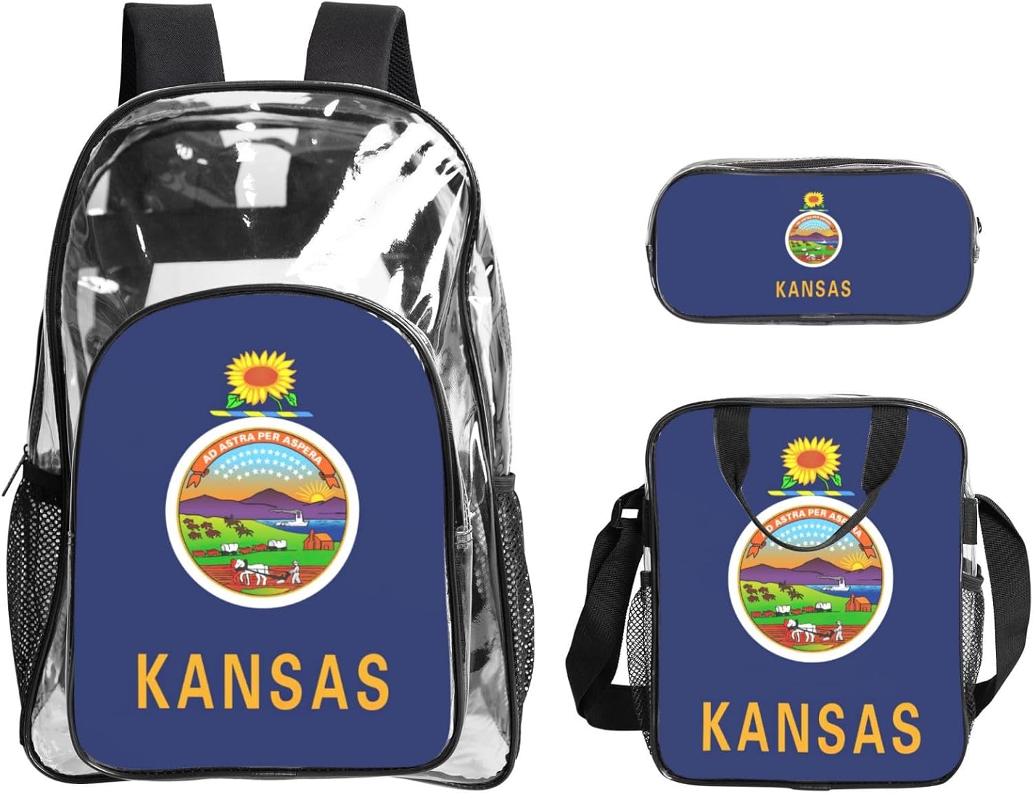 Kansas State Flag Print Unisex Transparent Backpack Set Travel Outdoor With Clear 3-Piece Lunch Pen Case