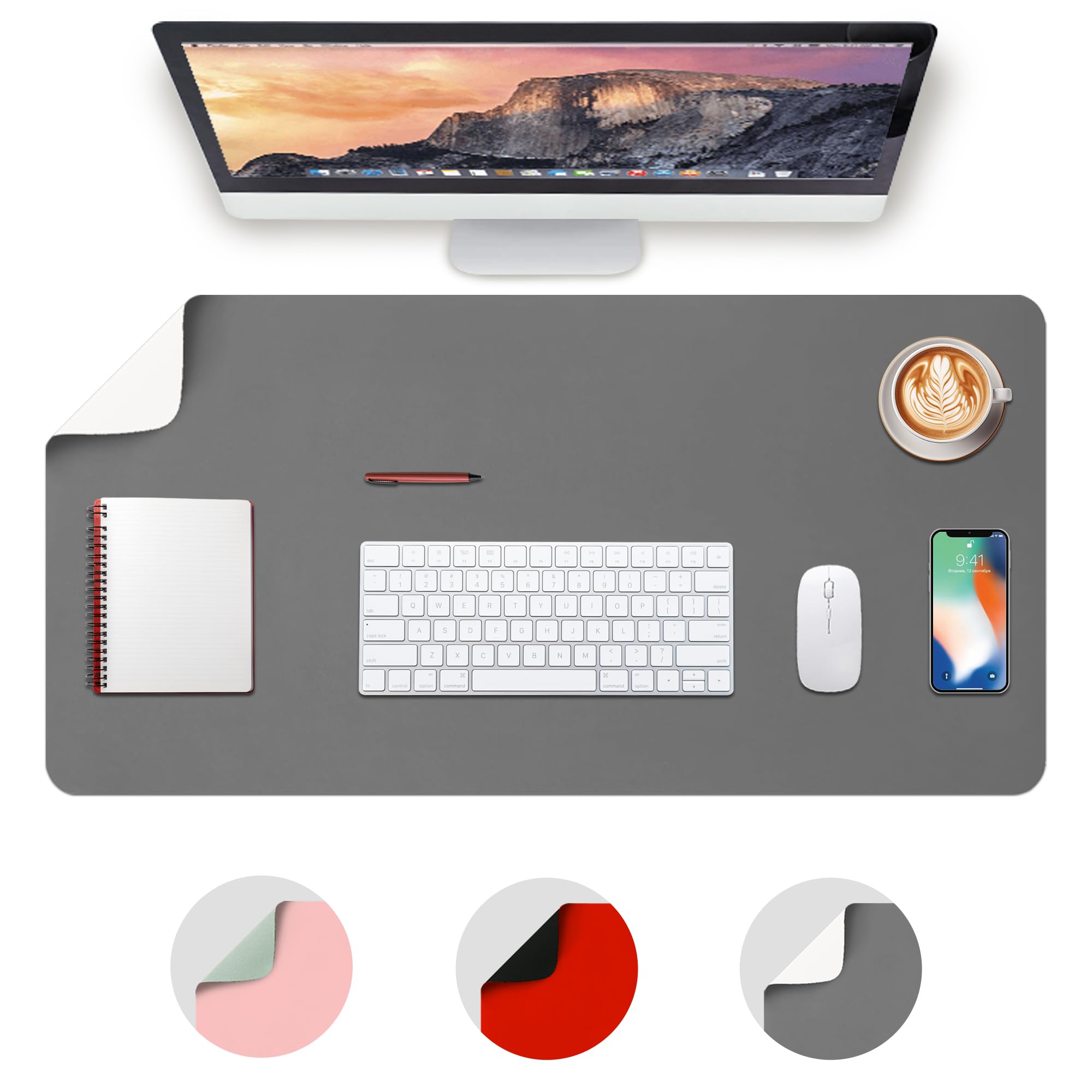 Deflecto Tappetino da scrivania reversibile in ecopelle, tappetino per mouse, tappetino da scrivania da ufficio, antiscivolo, impermeabile (120 x 60 cm, grigio/bianco)