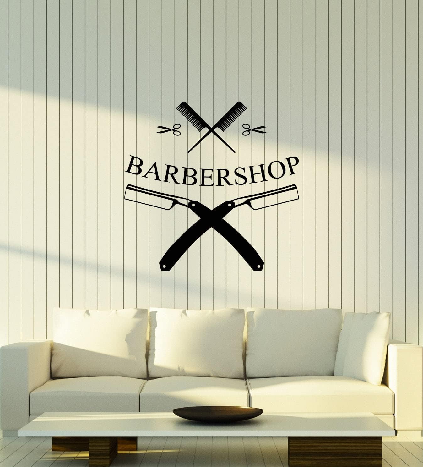 Vinyl Wall Decal Barbershop Haircut Logo Barber Razor Hairbrush Stickers (4405ig) Black