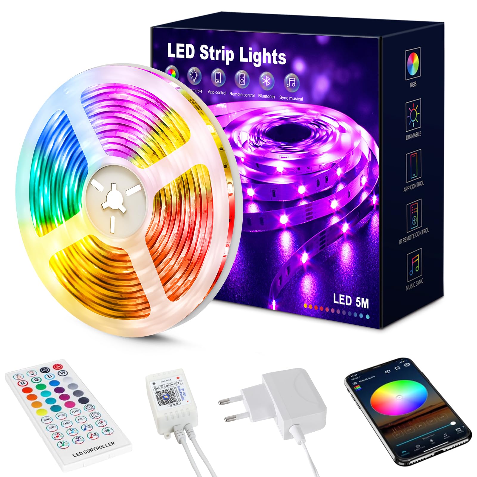 Beaeet Striscia Led 5 Metri, Led Striscia Comandabile Tramite app E telecomando,Strisce Led Sincronizzazione Musicale,per Decorazioni Casa, Bar, Festa
