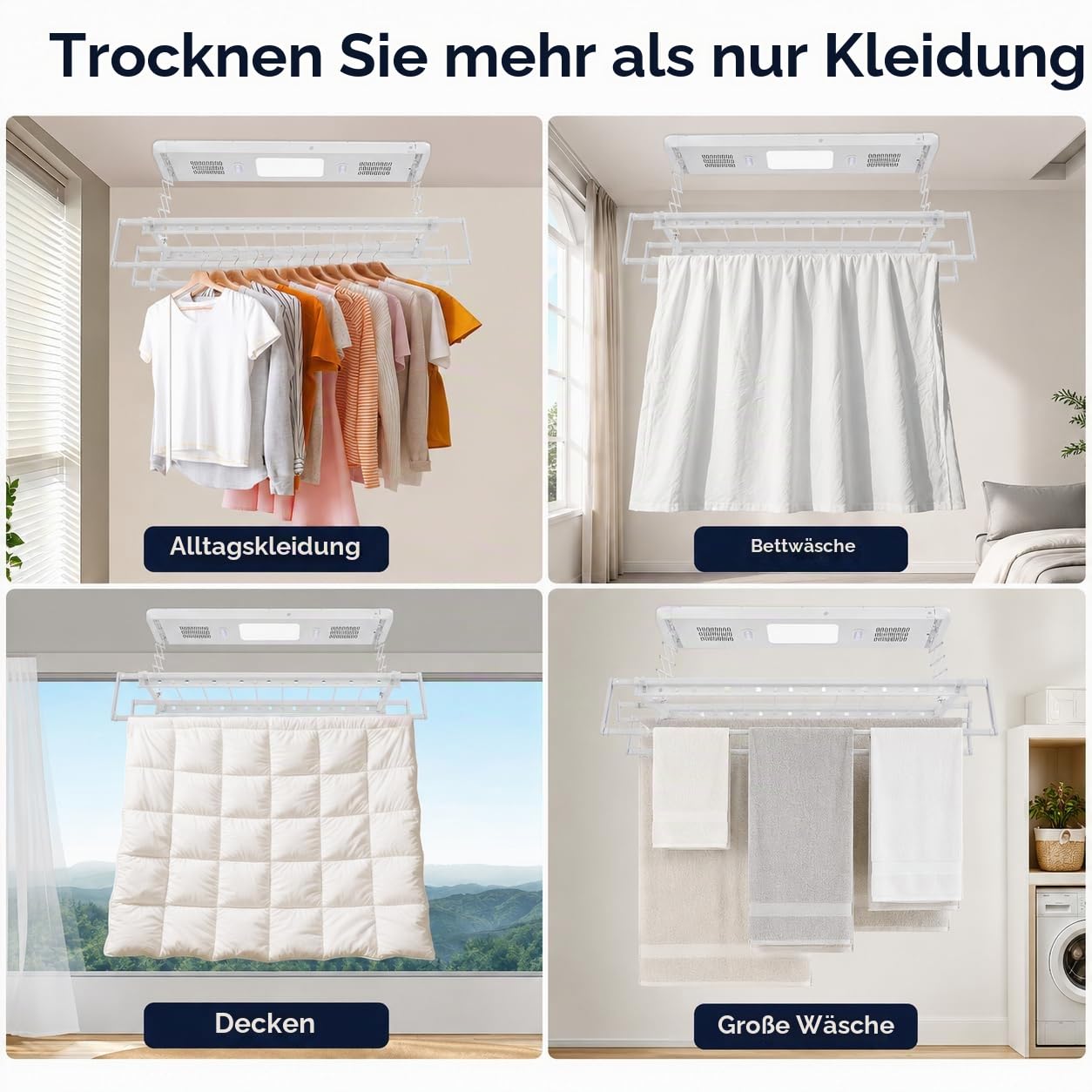 Elektrischer Wäscheständer Deckenmontage Mit Fernbedienung und LED-Licht,Verstellbare Länge und Höhe Wand und Decken Wäscheständer,Für Familien, Balkone, Wohnungen (Weiß)