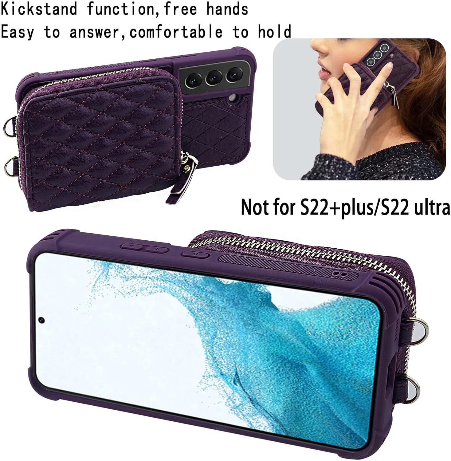 MONASAY Zipper Wallet Case Fit for Galaxy S22 5G 6.1in, [Screen Protector ][RFID Blocking] Flip Leather Handbag Phone Cover with Card Holder， Crossbody Shoulder Lanyard Strap, Purple