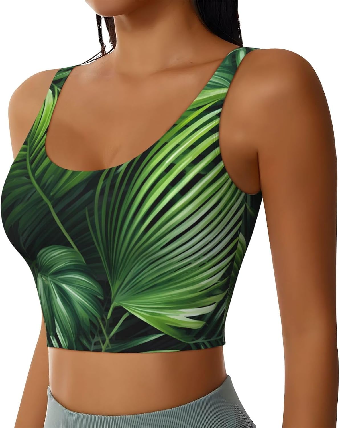 Green Leaves of Palm Tree Tropical Plant Print Women's Sports Vest Dance Yoga Vest Printed Sports Bra Top Vest, Small
