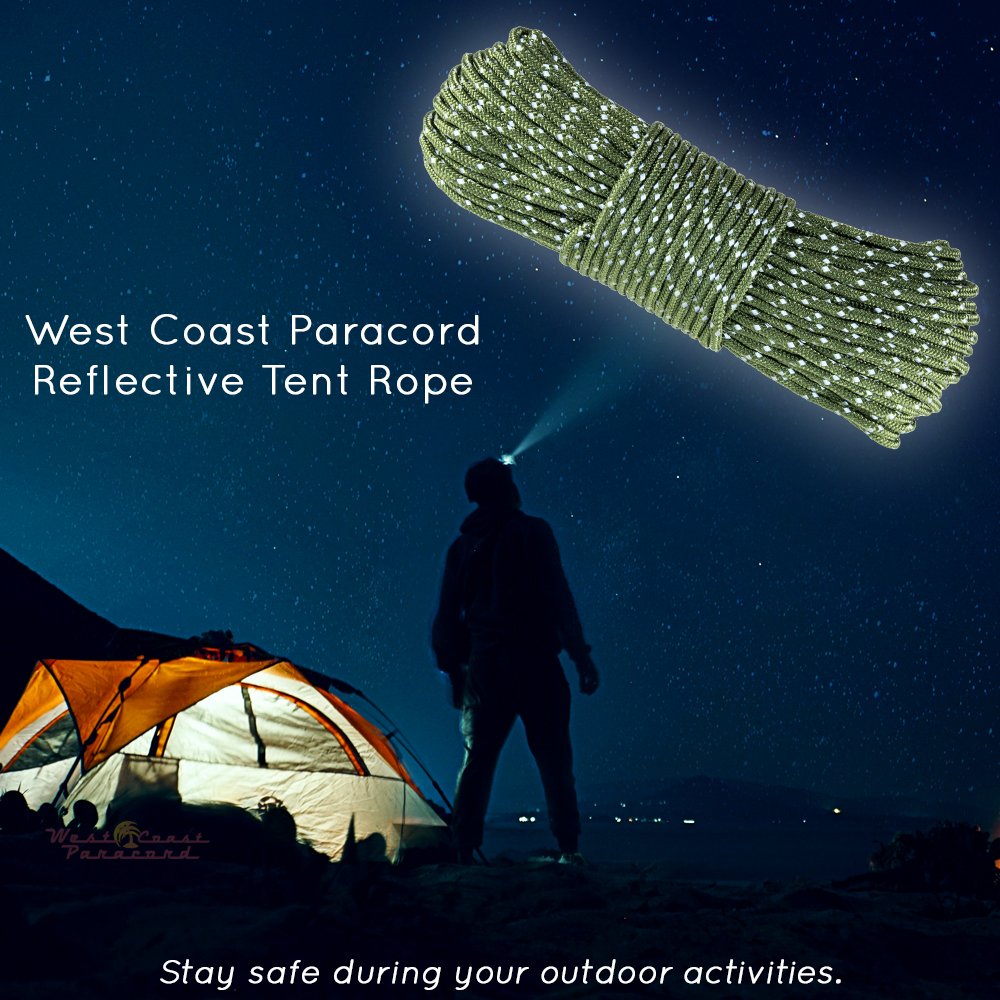 West Coast Paracorde Réfléchissant Tente Guyline Cordon En Nylon Corde Pour Tente De Camping, 50 Pieds, Vert Fluorescent