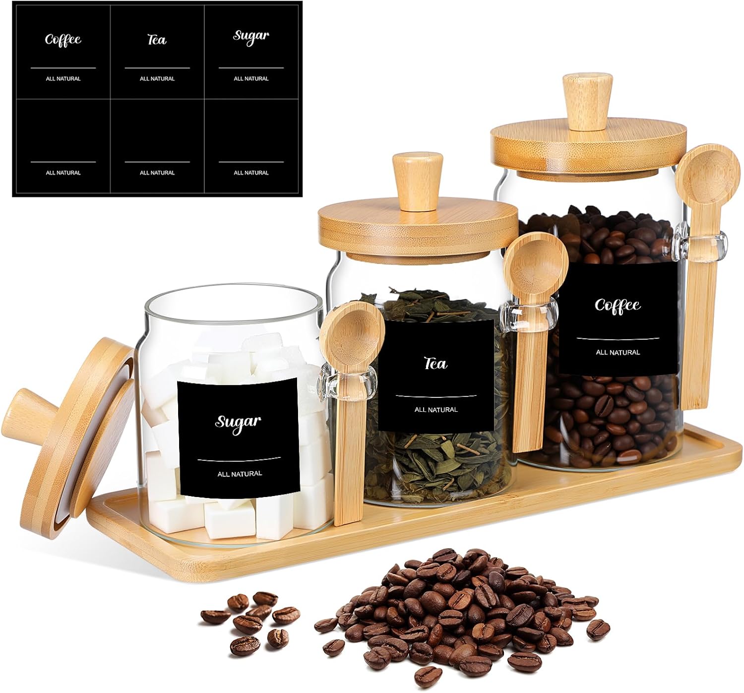 Suclain 3 Pcs Glass Coffee Container with Wooden Lid Spoon Shelf Labels Clear Airtight Jar Food Storage Canister Set for Sugar Spice Coffee Bean Holder Housewarming Gift(25 oz,Acacia Brown)