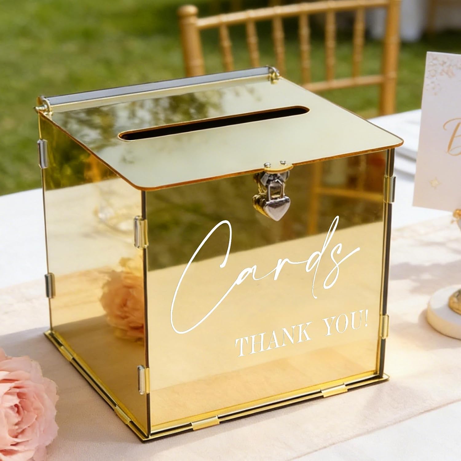 Gold Acrylic Card Box with Lock & Slot, Classy Golden Wedding Card Boxes for Reception, Luxury Monetary Envelope Gift Box for Party Graduation Birthday Anniversary Baby Shower All Occasions