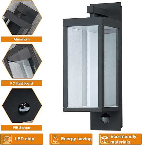 Miniatura 6 de Paquete de 2 faroles de pared para exteriores con sensor de movimiento LED IP54 impermeable para casa, garaje, patio, 3000 K, lámpara de montaje en