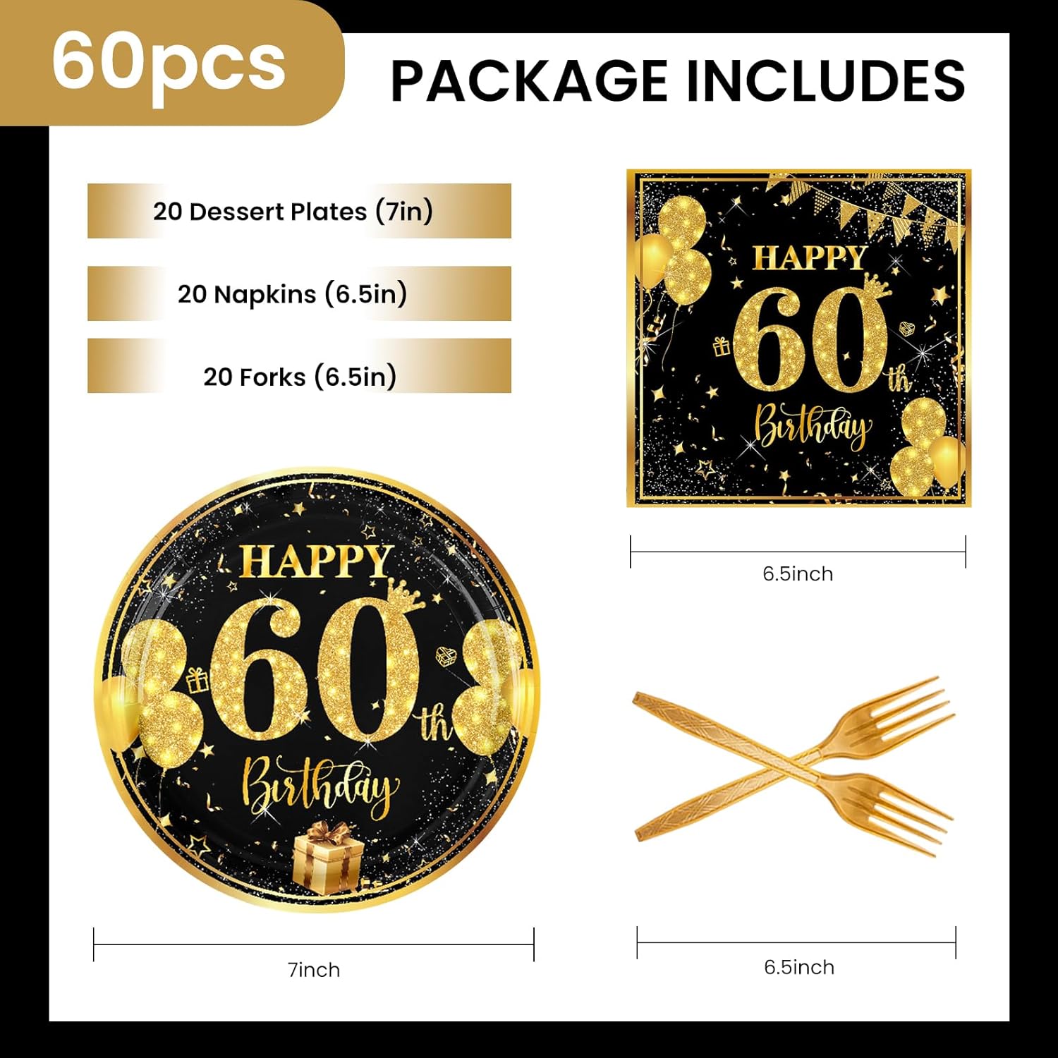 60th 7 inch Birthday Party Paper Plates and Napkins Forks 60 pcs Black Gold Decorations for Boys Girls Tableware Set for Birthday Anniversary Party Supplies,Serve 20 - Image 5
