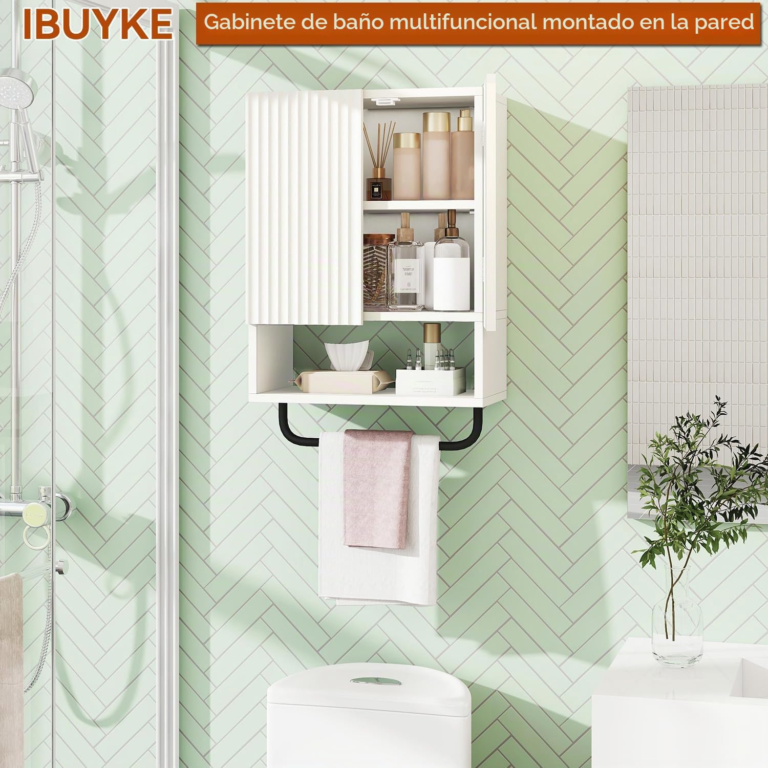 IBUYKE Armario colgante para baño, armario colgante con puertas y estante ajustable, armario de pared sobre el inodoro Armario de cocina para lavadero, salón y cocina WBS003W