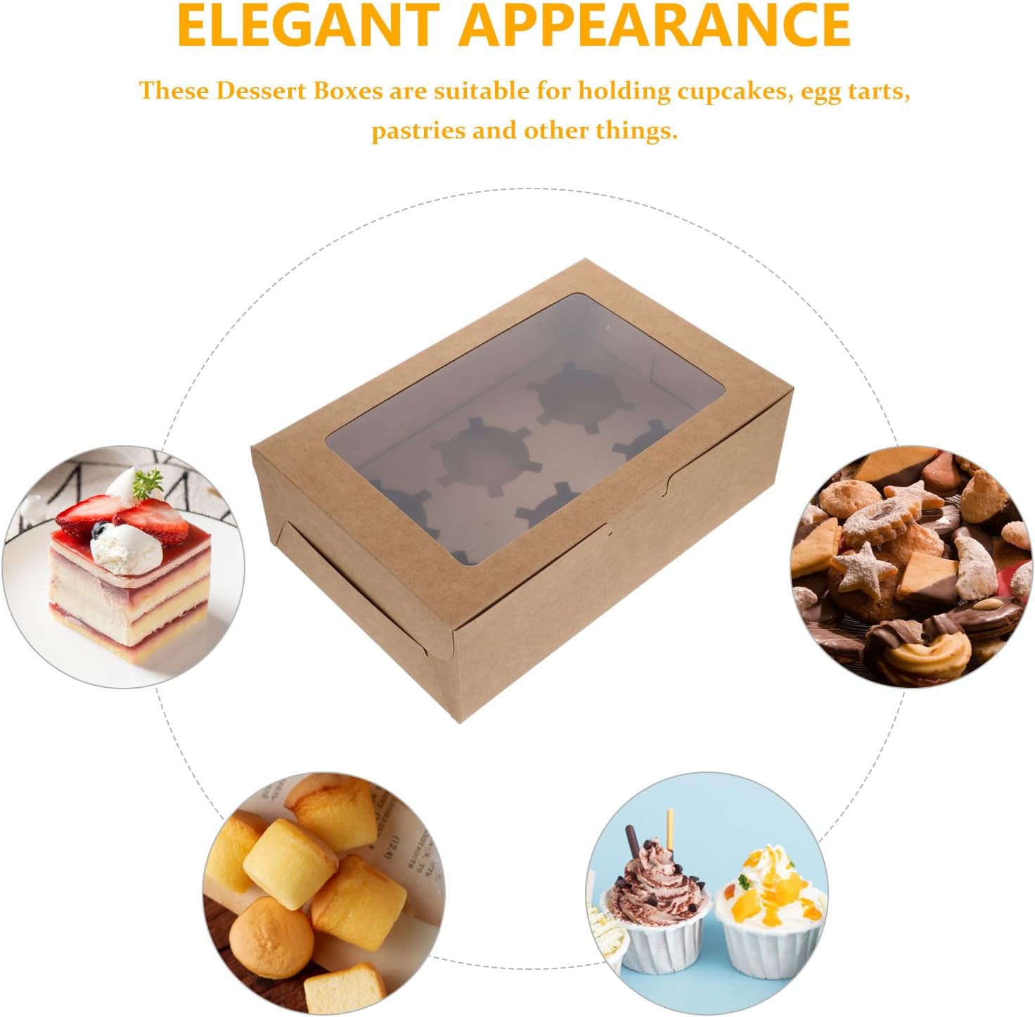10pcs Baking Dessert Cupcake Boxes with Window, 350g Imported Kraft Paper Bakery Containers, 6-cavity Egg Tart Carrier for Home and Bakery Use