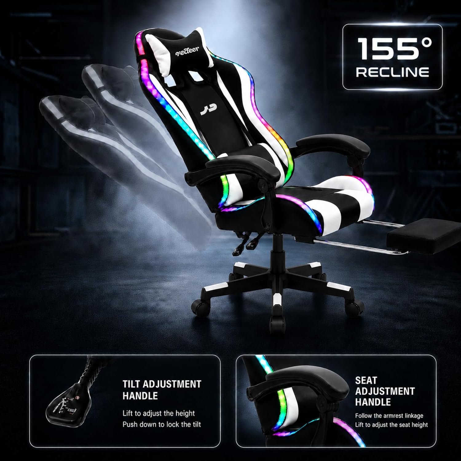 Redeer Led RGB Gaming Chair with Speakers Massage & Footrest, Reclining Gamer Chair for Adults, Video Game Chairs with Canopy, Heavy Duty Gaming Chair Massage, 350LBS White