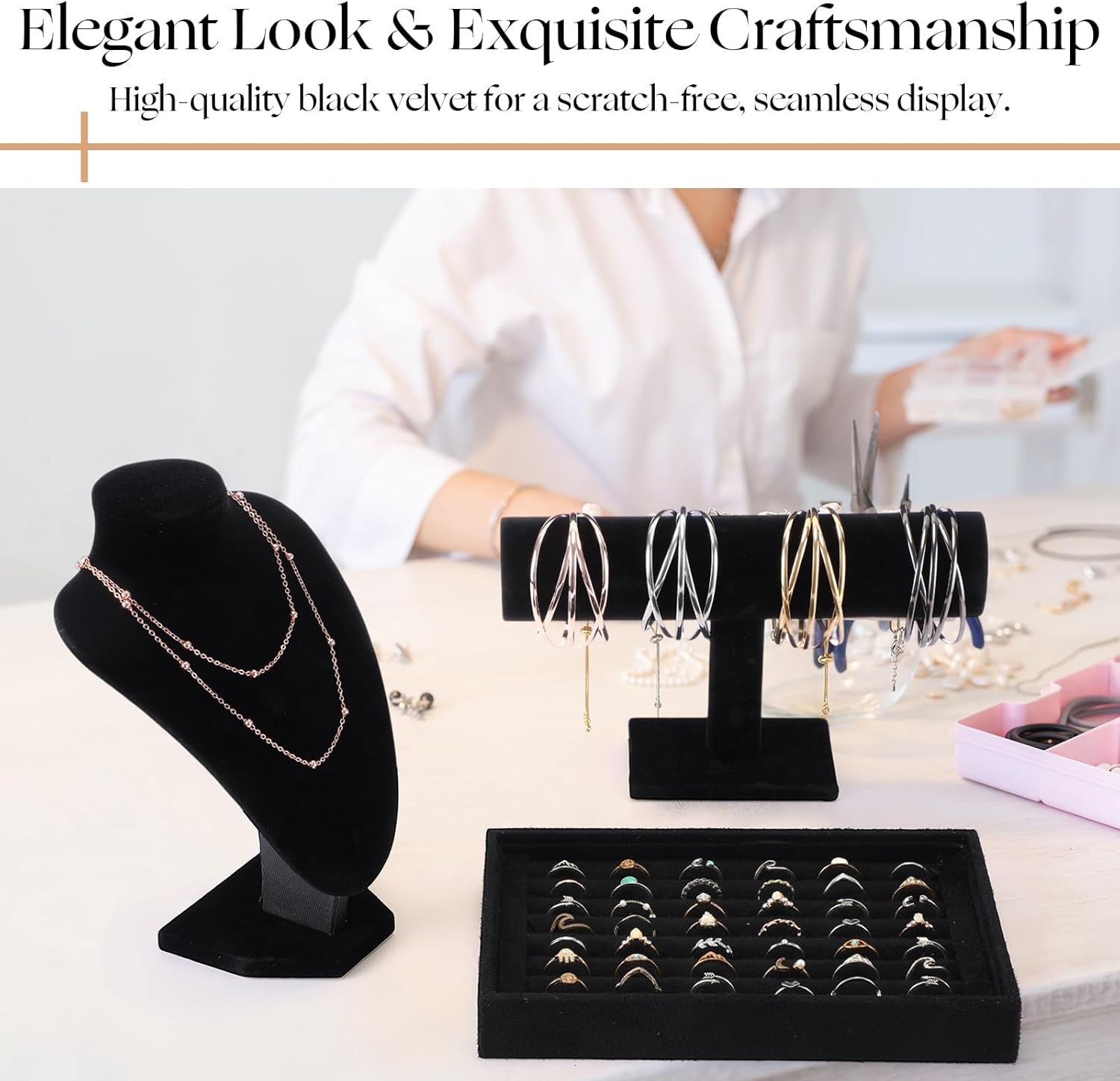 Wenqik 4pcs Velvet Jewelry Display Set 2 Necklace Chain for Vendors T-bar Bracelet Holder Ring Tray for Showcase Jewelry Displays Supplies(Black) - Image 3