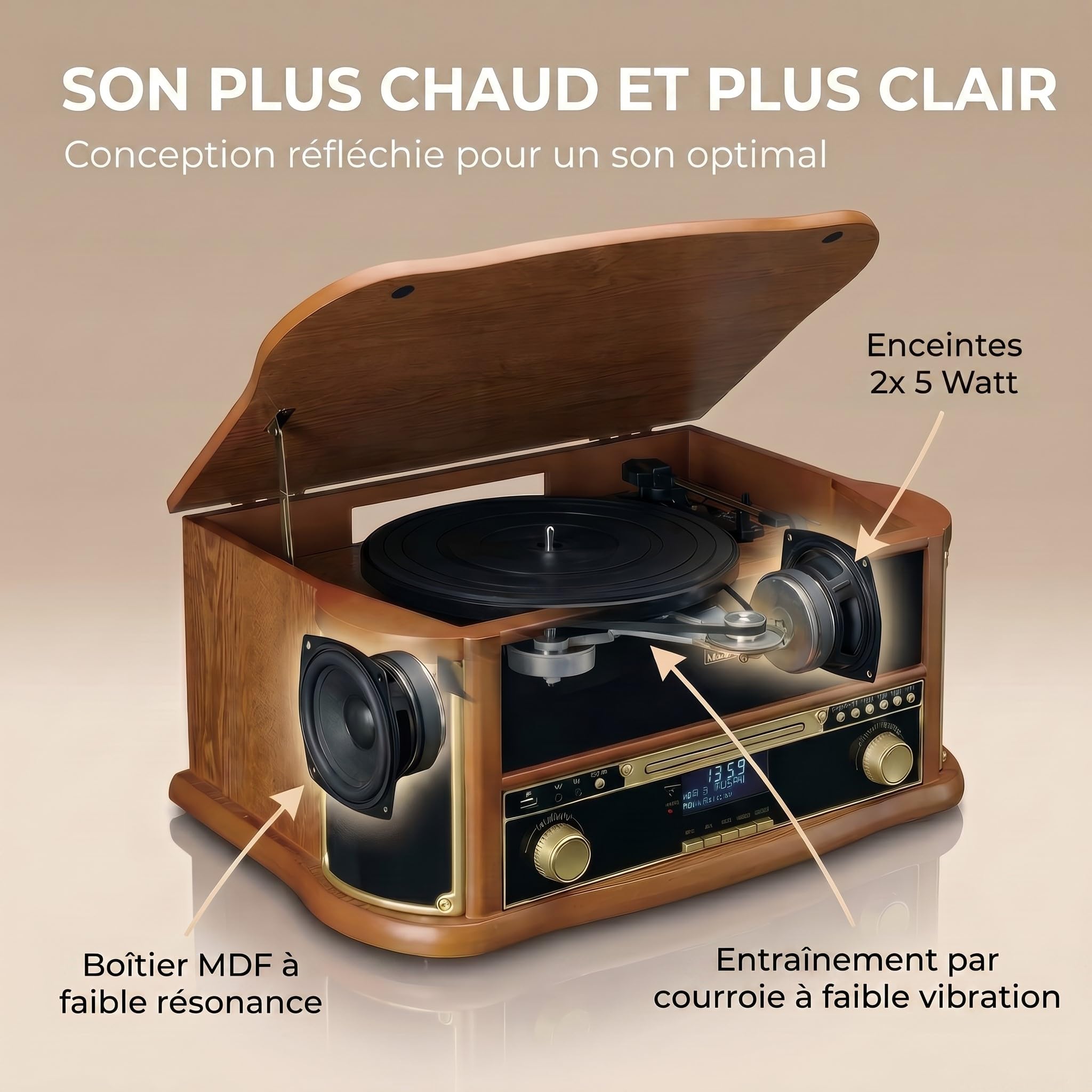 Lenco TCD-2571 Platine Vinyle, Tourne Disque Vinyle, Platine Vinyle Bluetooth - Haut-Parleur - Radio Dab+ - Lecteur CD - Platine Cassette - 3 Vitesses - Entraînement par Courroie - 2 x 5 Watt - Bois