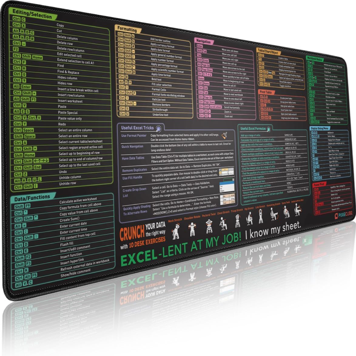 Excel Shortcut Keys Mouse Pad – Prolonged Giant XXL Cheat Sheet Gaming Mousepad | PC Workplace Spreadsheet Keyboard Mat | Non-Slip Stitched Edge