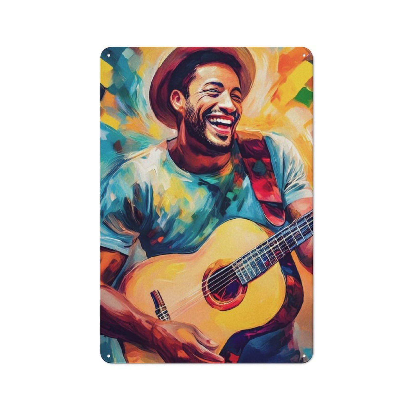 Junmoney Smiling Guitarist Painting 30X20cm Rustic Metal Sign With For Hobby Room Or Studio, Metal Sign Decor For Hobby Rooms And Studios