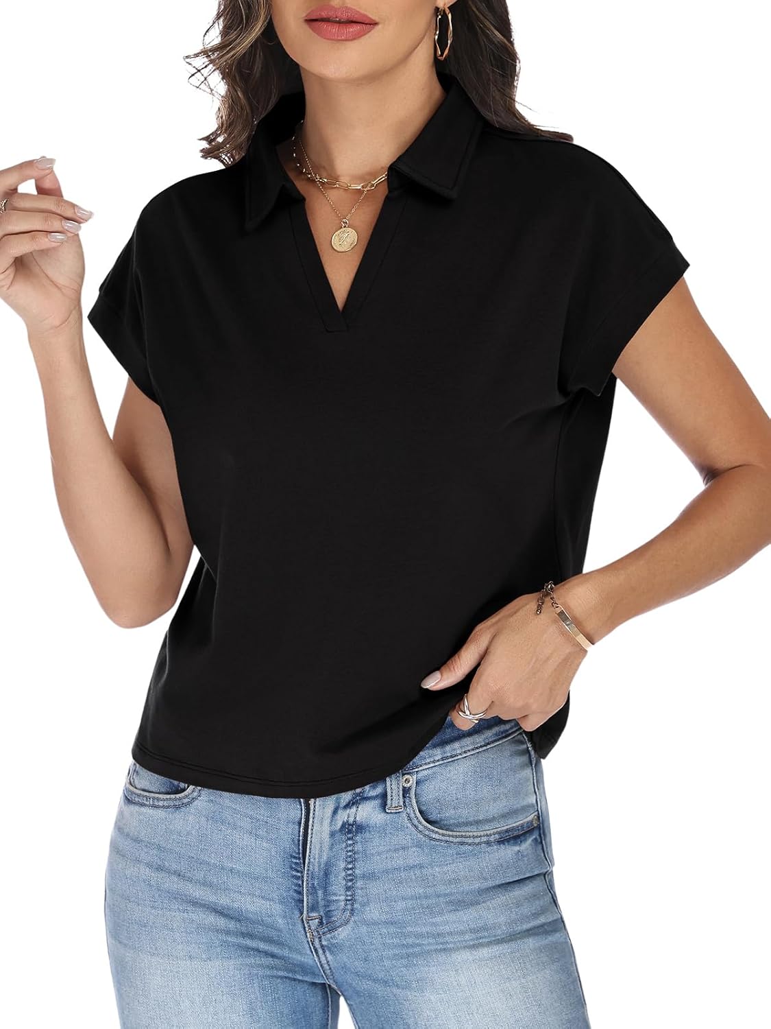 Women's Cap Sleeve Crop Tops Collared V Neck T Shirts Boxy Short Sleeve Polo Shirts Summer Basic Tees Fashion Clothes - Image 2