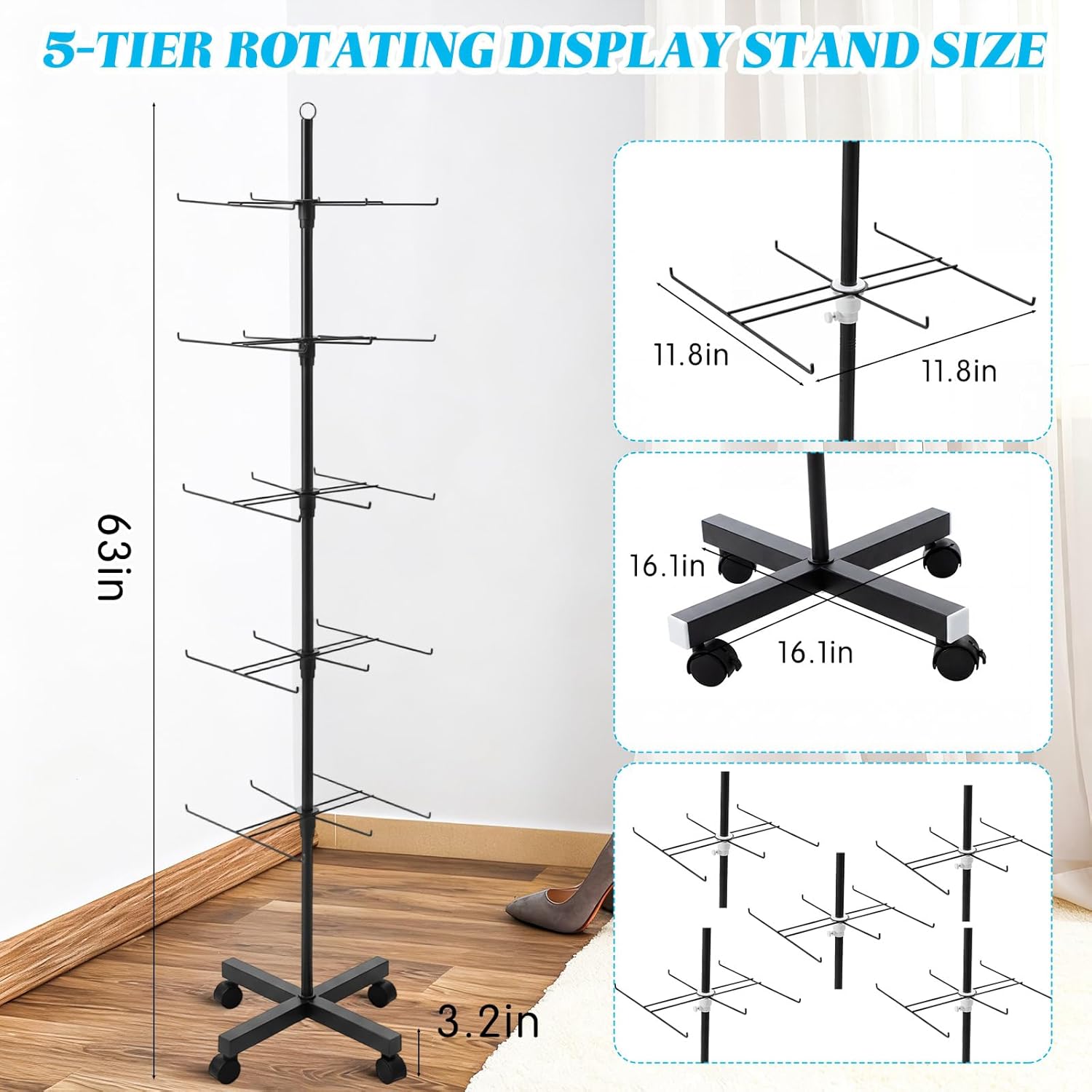 Ripeng 2 Pack 5-Tier Rotating Retail Display Stand, Adjustable Spinning Rack with Wheels for Jewelry Earrings Keychains Craft Shows Vendor Events, Black