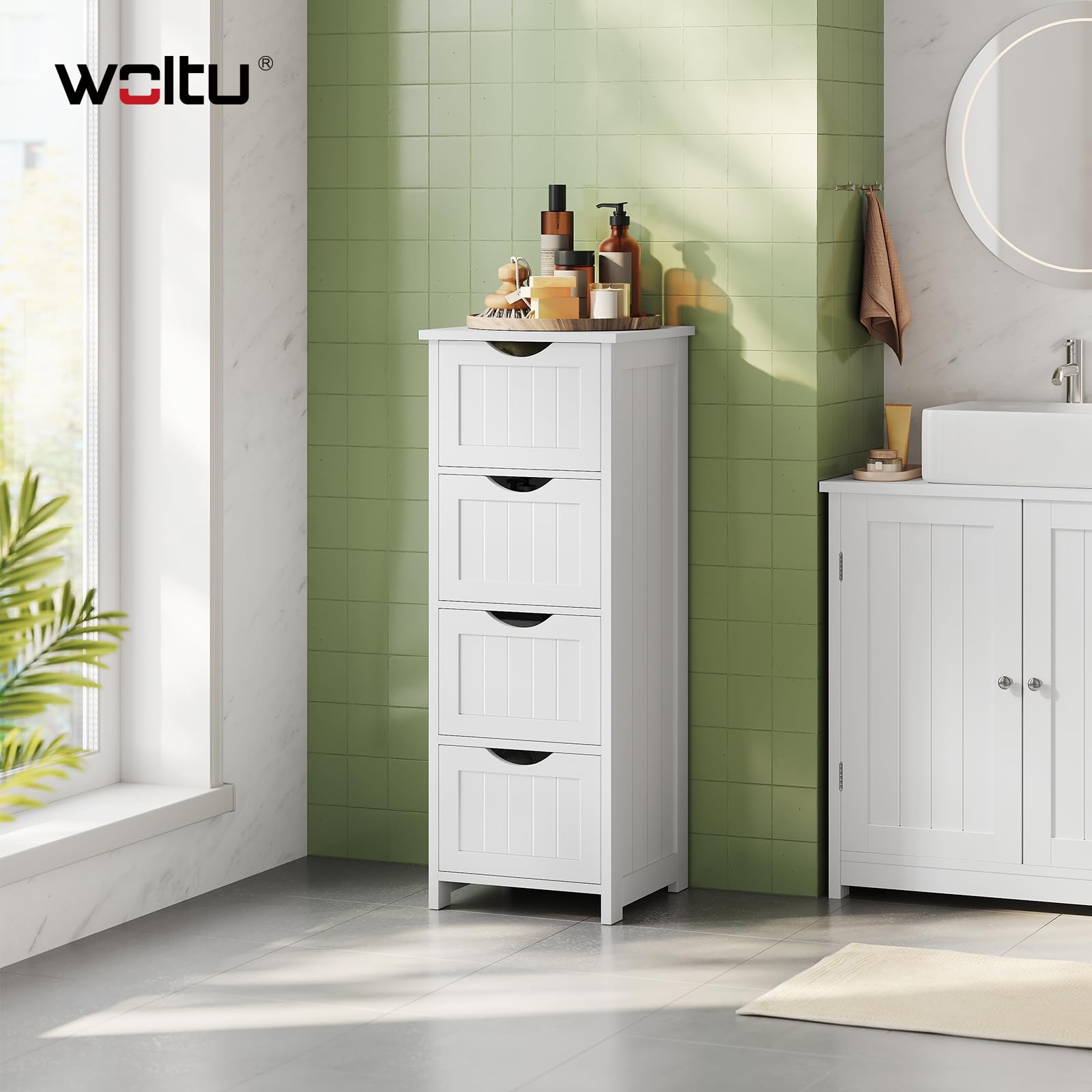 WOLTU Armario de Baño, Mueble Auxiliar Baño, con 4 cajones, Cajonera Baño Estrecha, para Espacios Pequeño, 30 x 30 x 82 cm, Sala de Estar, Dormitorio, Cocina, Estilo Moderno, Blanco BZS07ws