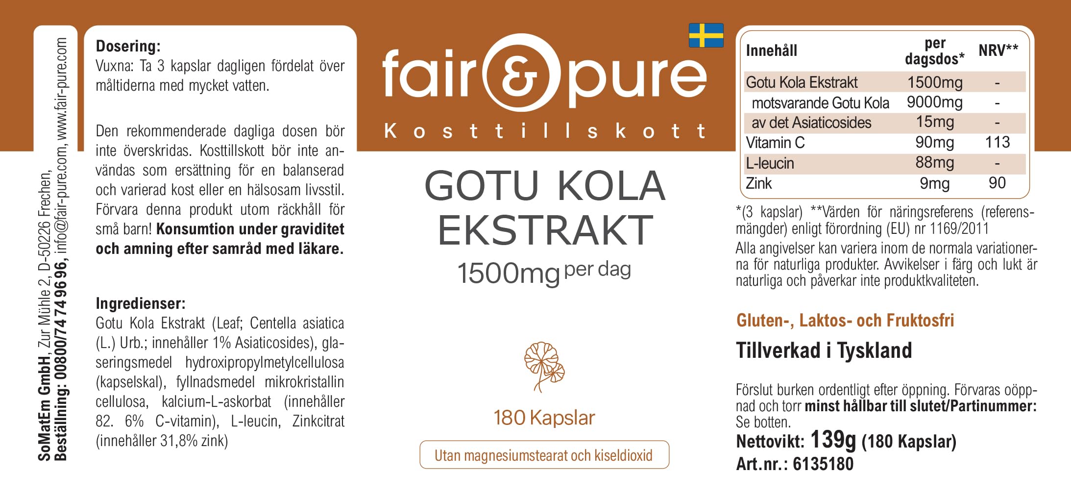 Fair & Pure® - Estratto di Centella asiatica 1500mg - 180 capsule - Centella asiatica - con vitamina C e zinco - vegano - altamente dosato