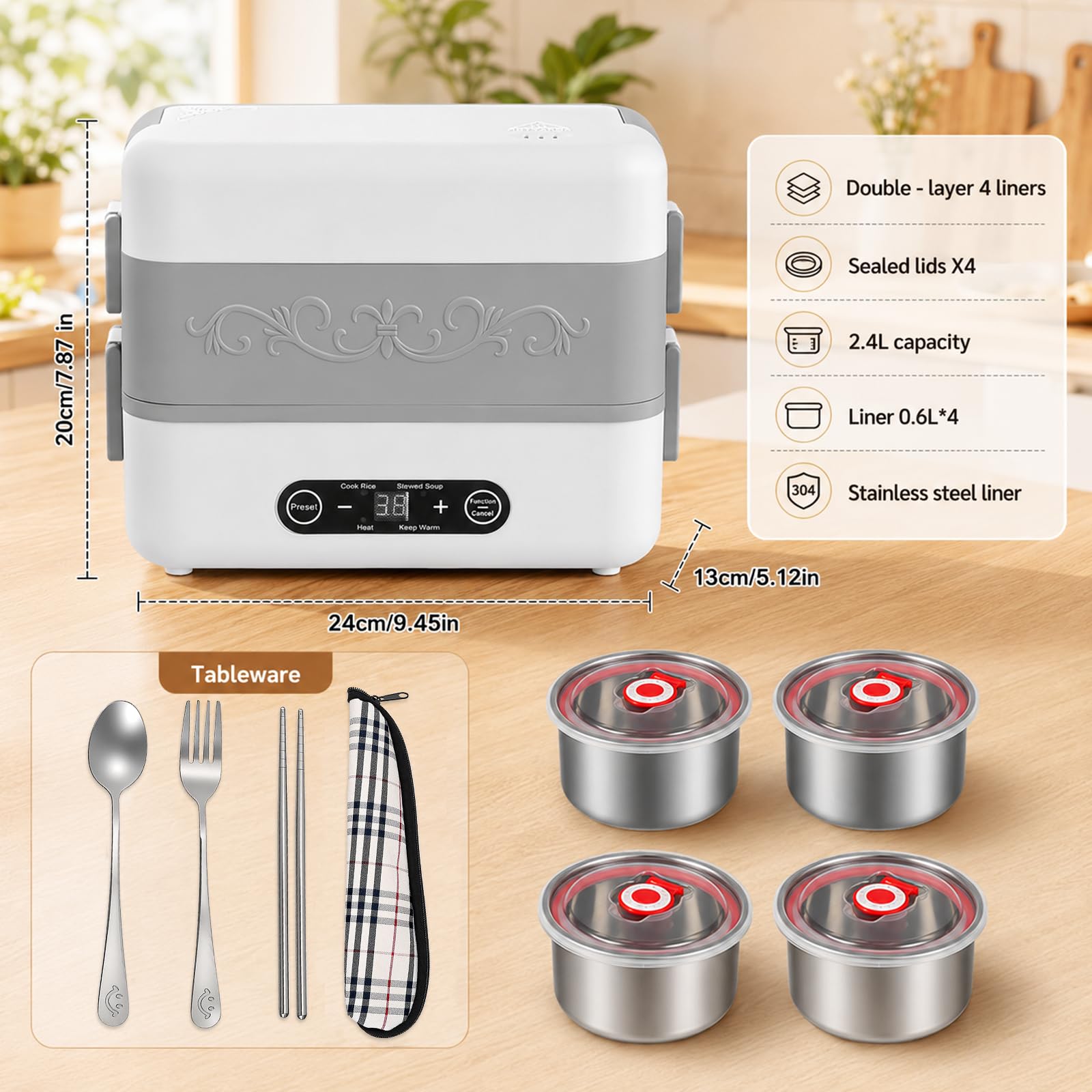 Contenitore per il pranzo elettrico per adulti, portatile, senza fili, riscaldato da 2,4 l, contenitore interno rimovibile in acciaio inox, display digitale, per ufficio, viaggi, cantieri, scuola