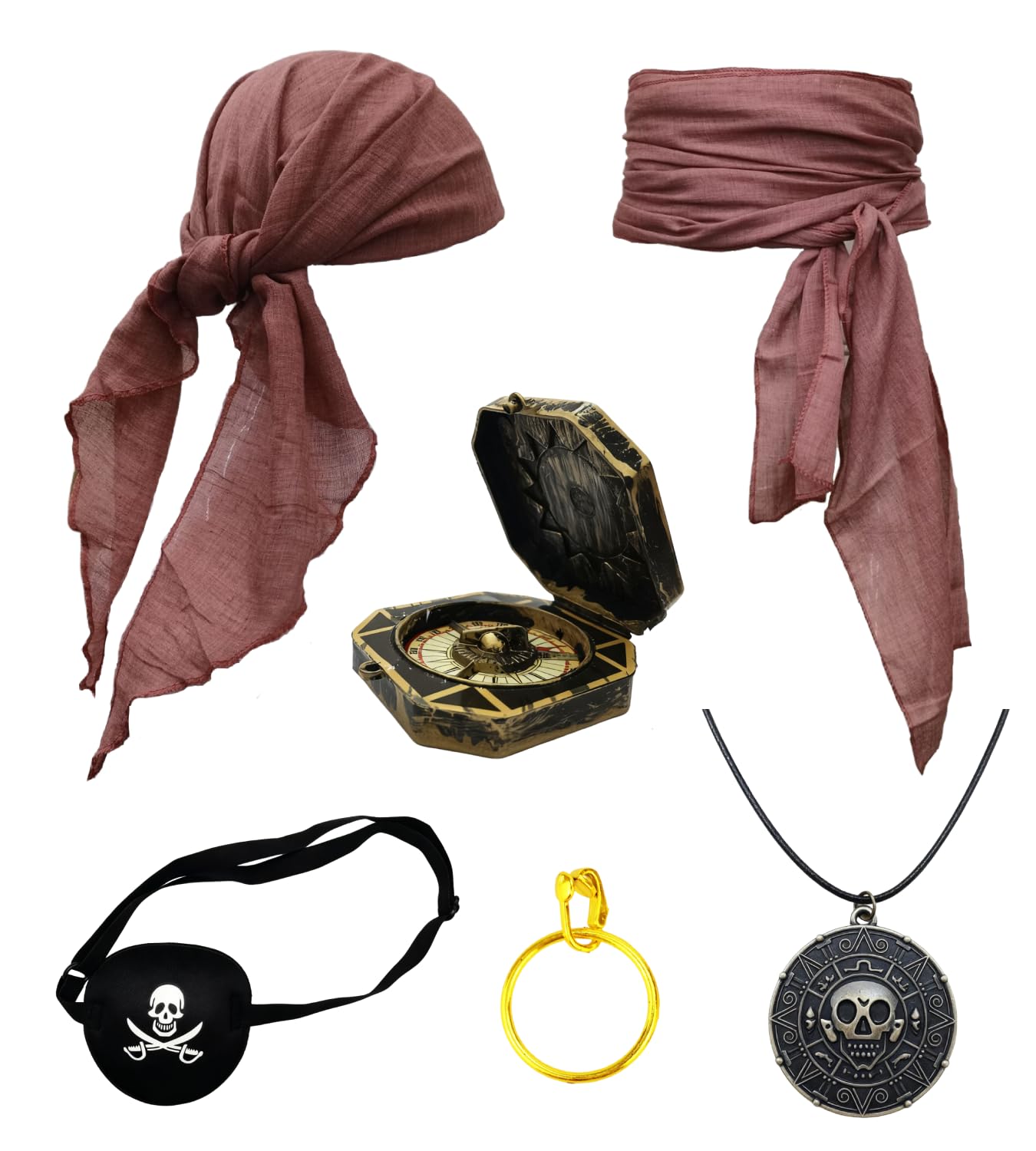 Ginkago Medieval Pirate Costume Accessory Set for Women and Men, Pirate Disguise Accessories Bandana, Eye Patch, Earrings, Necklace, Bracelet, Waistband, Scarf for Halloween Cosplay Party (Brown-6PCS) โ image 1