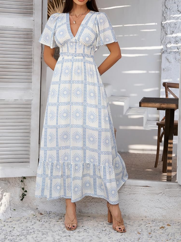 Image of Boho Floral Maxi Dress for Women 2026 Empire Waist Short Sleeve Dresses Summer Beach Vacation Wedding Guest Outfit