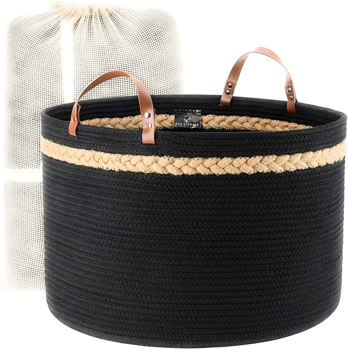 Black Basket, Rope Basket, BoHo Basket, Blanket Basket Living Room, Woven Baskets, Laundry Basket w/Real Leather Handles, Kids Toy Storage, Dog Toy Basket, Organizer (12 X 10)