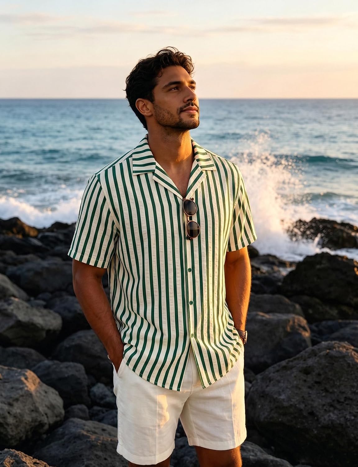 JEMITOP Men's Classic Striped Seersucker Cuban Collar Shirt Short Sleeve Button Down Texture Shirts for Beach Vacation