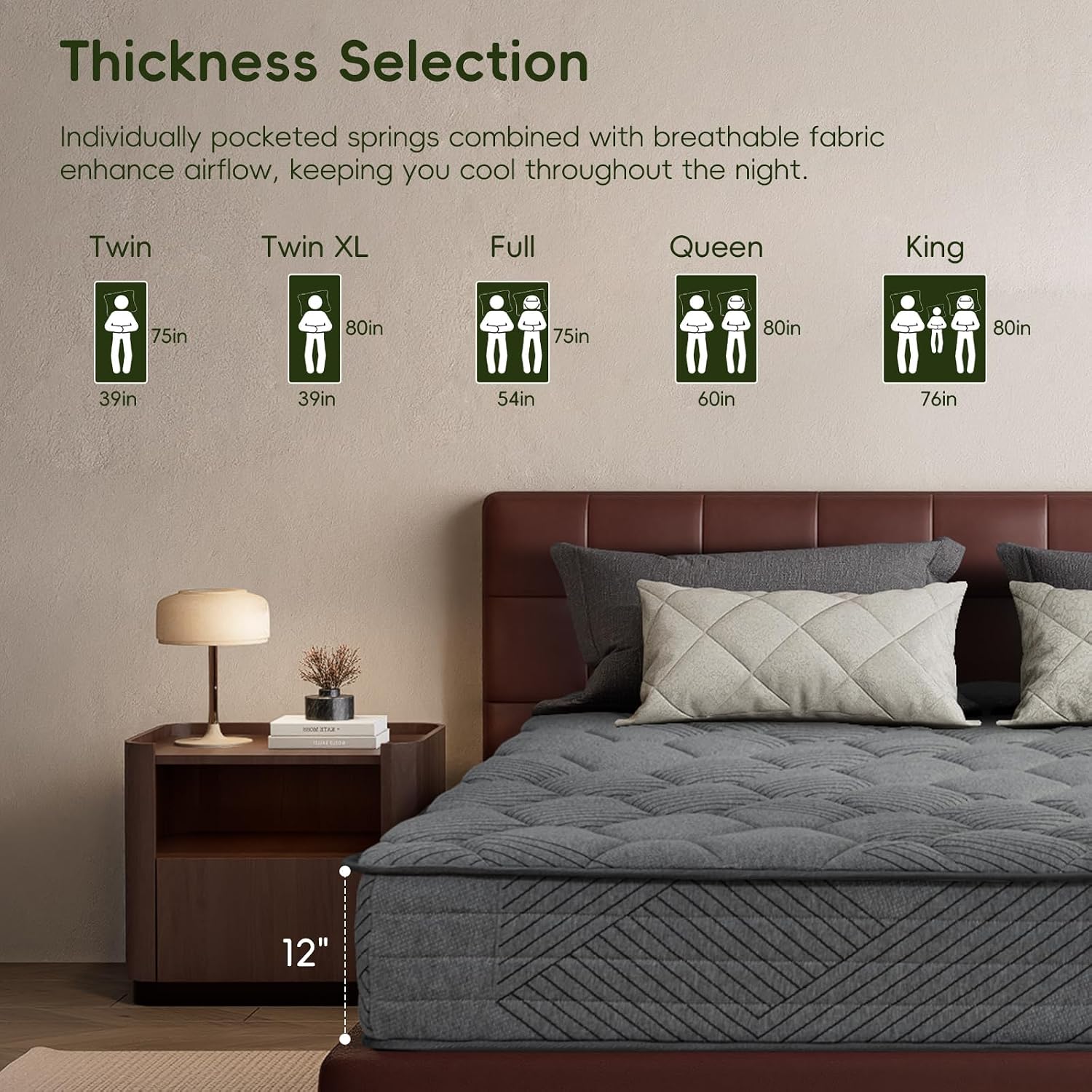 Medium Firm Queen Mattress, Cooling Gel Memory Foam & Individually Wrapped Pocket Coils for Motion Isolation, Soft and Breathable, Edge Support Hybrid Mattress for Bedroom, Grey