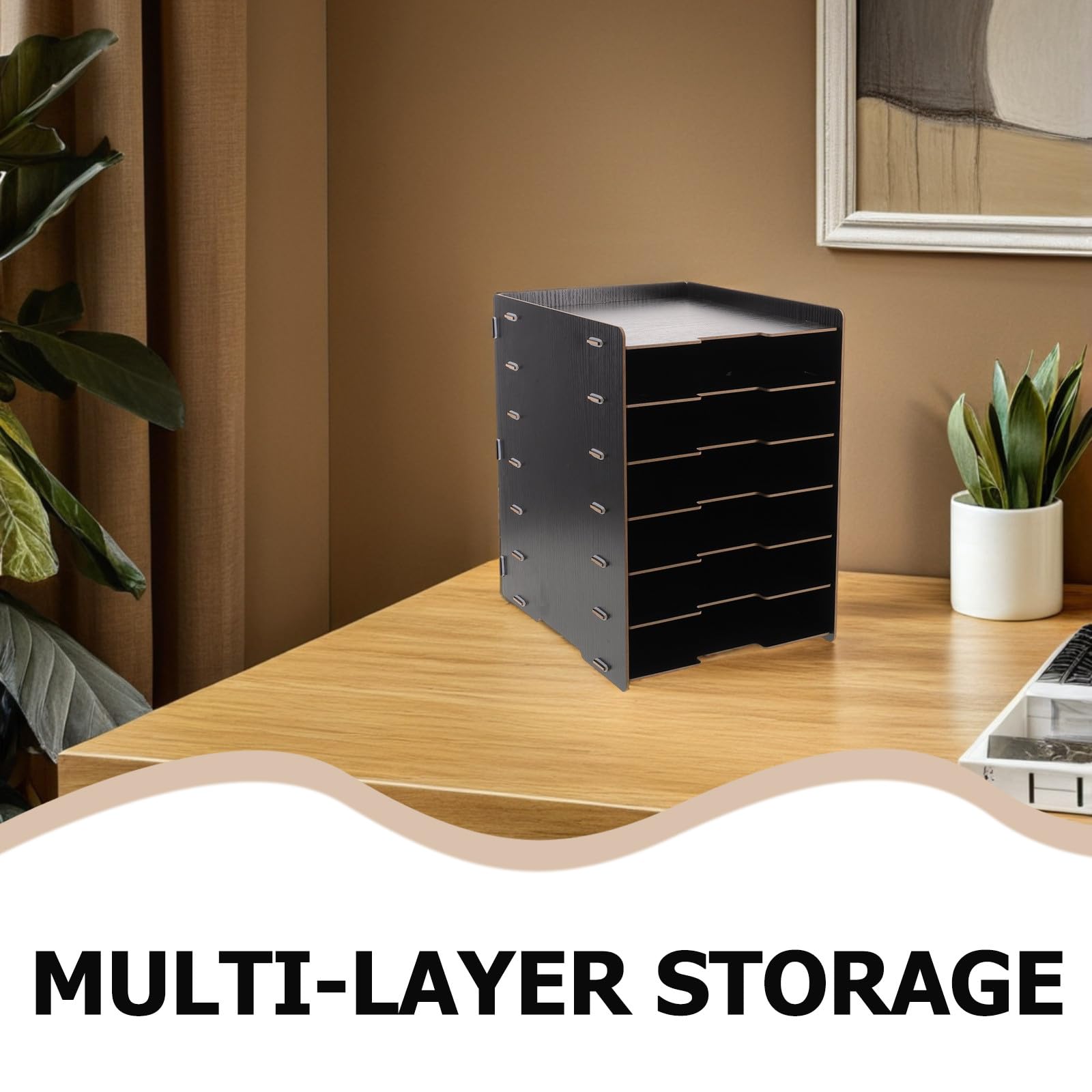 SHINEOFI Organizador de Documentos de Madera Negro con 7 Niveles Apilables para Oficina en Casa con Diseño Natural y Visibilidad Optimizada