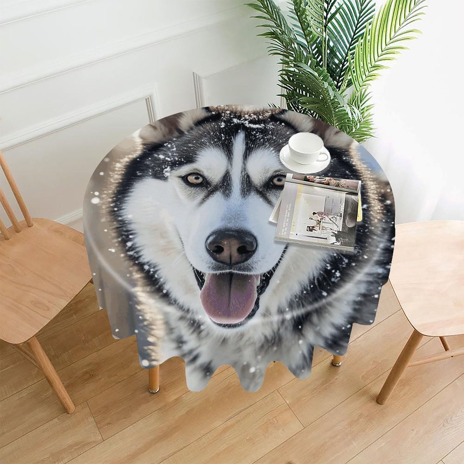 LZQPOEAS Dog in The Snow Tablecloth Decorative Round Table Cloth Wrinkle Resistant Round Tablecloth Washable Circle Table Cover for Kitchen Dining Party Wedding Camping 60 Inch